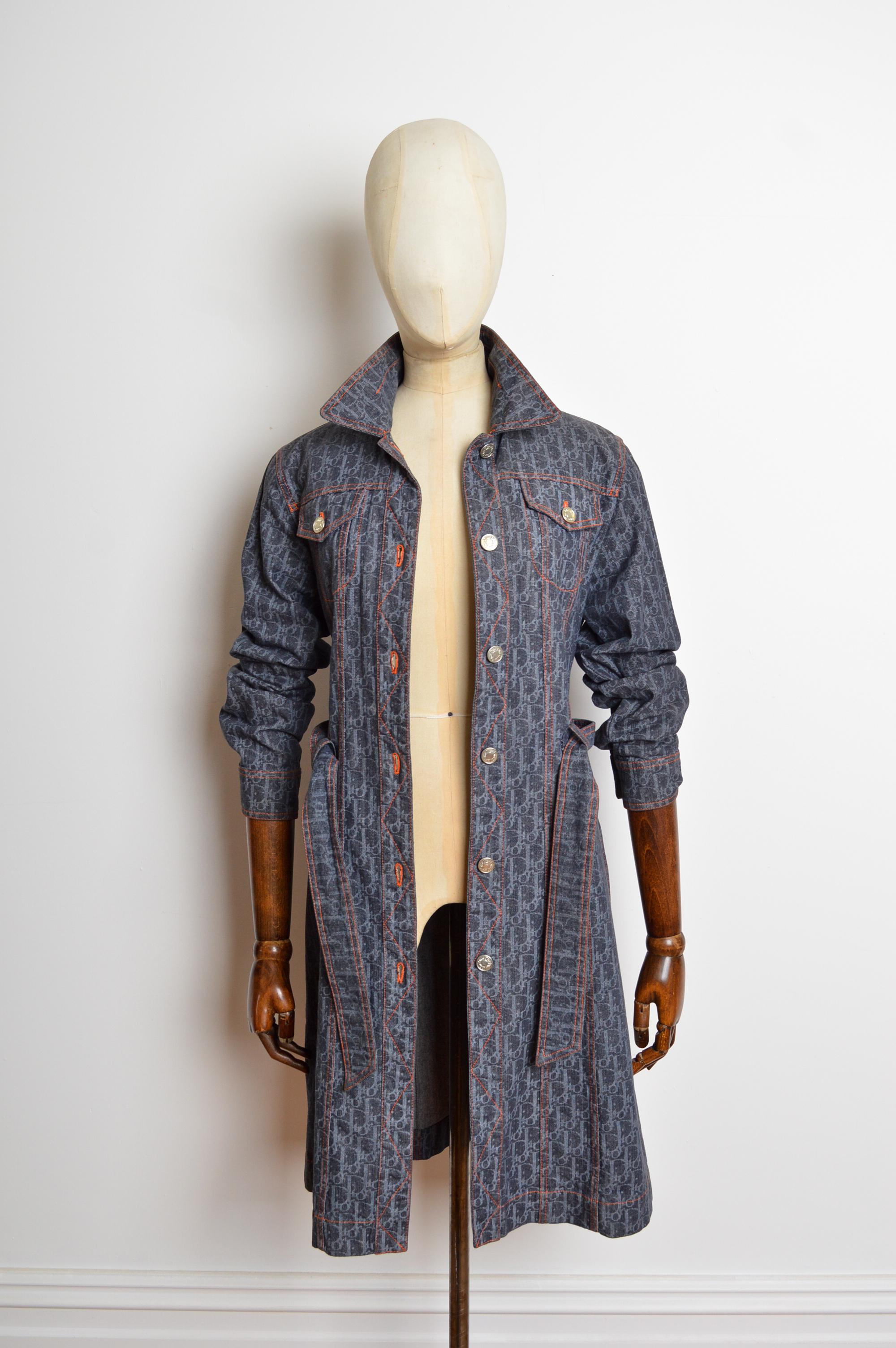 2006 Christian Dior John Galliano Denim Trotter monogram Belted Long Jacket Coat For Sale 5