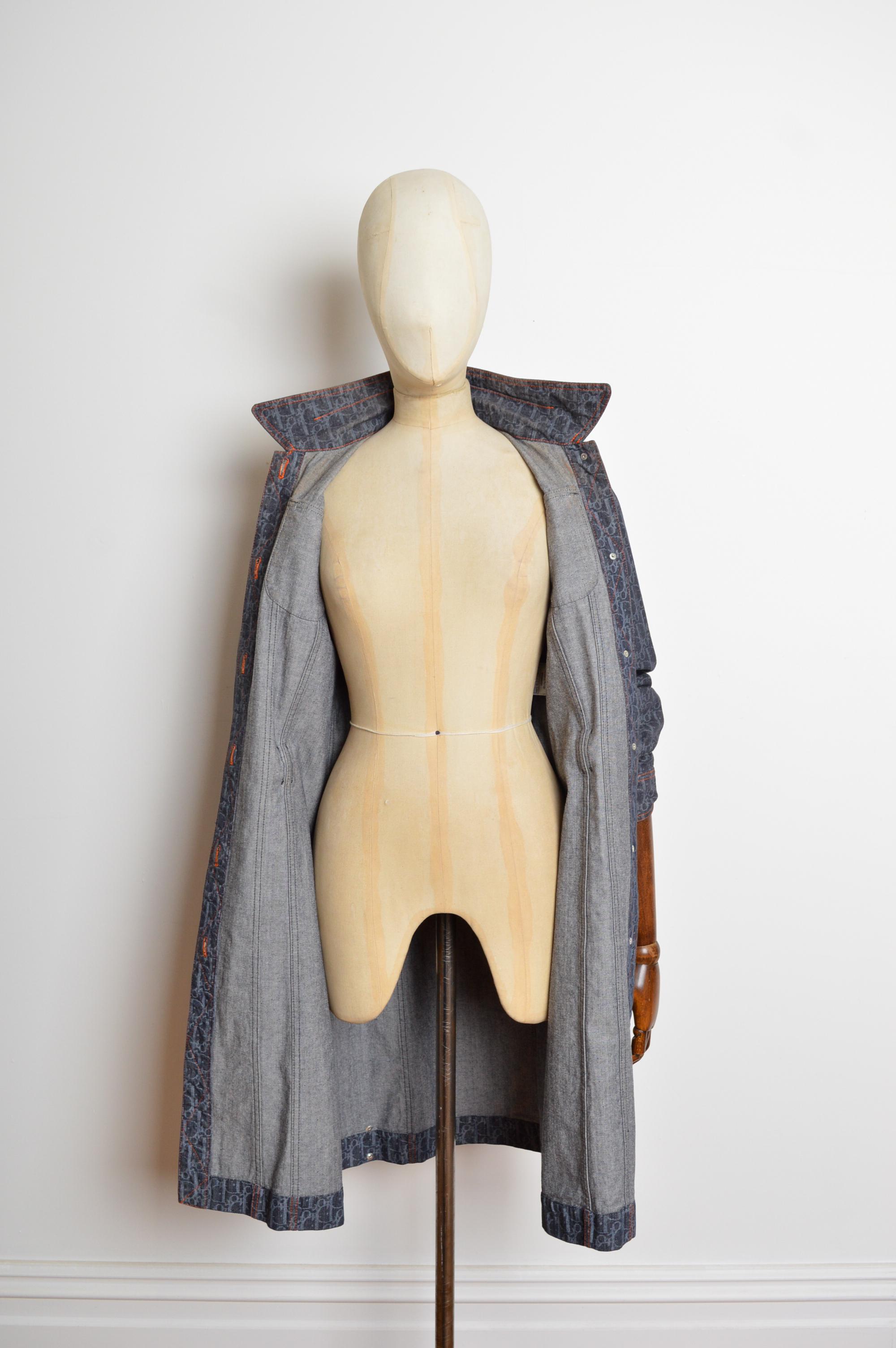 2006 Christian Dior John Galliano Denim Trotter monogram Belted Long Jacket Coat For Sale 8