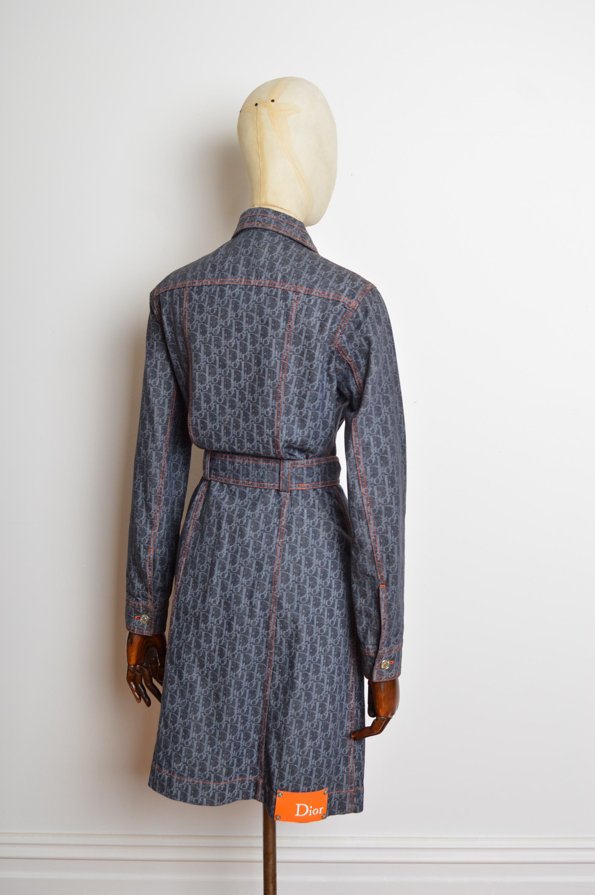 2006 Christian Dior John Galliano Denim Trotter monogram Belted Long Jacket Coat For Sale 9