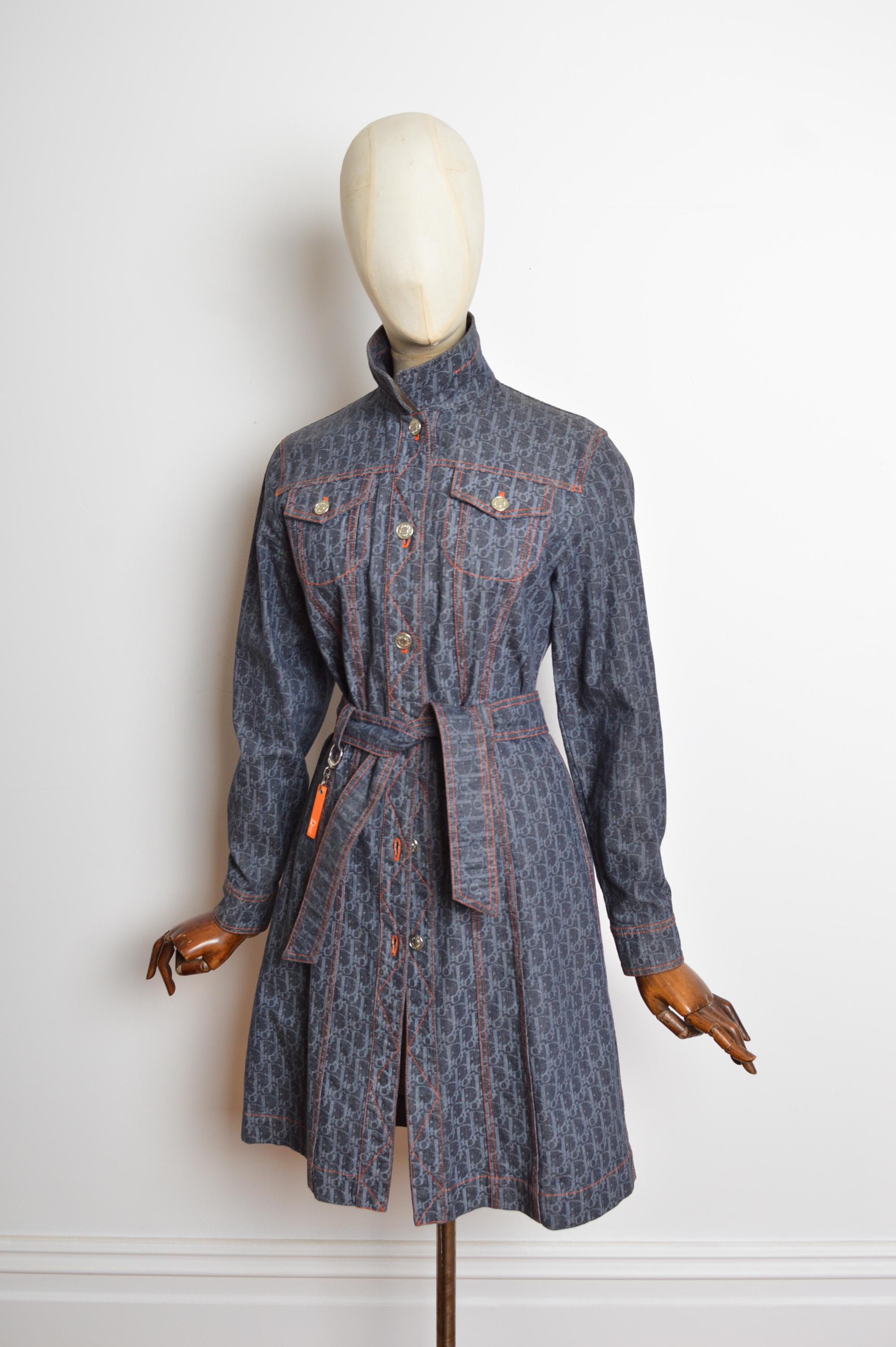 Gray 2006 Christian Dior John Galliano Denim Trotter monogram Belted Long Jacket Coat For Sale