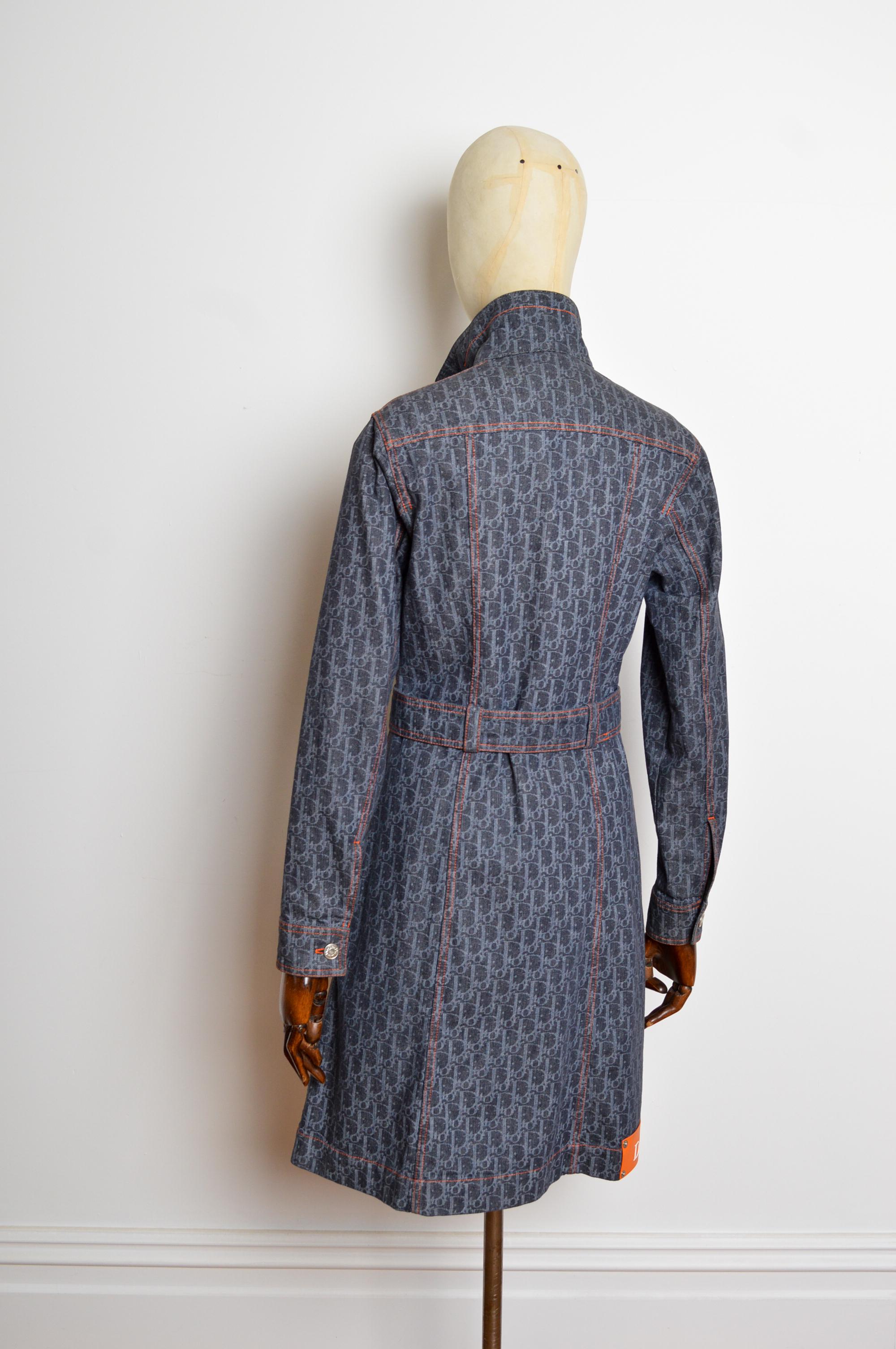2006 Christian Dior John Galliano Denim Trotter monogram Belted Long Jacket Coat For Sale 1