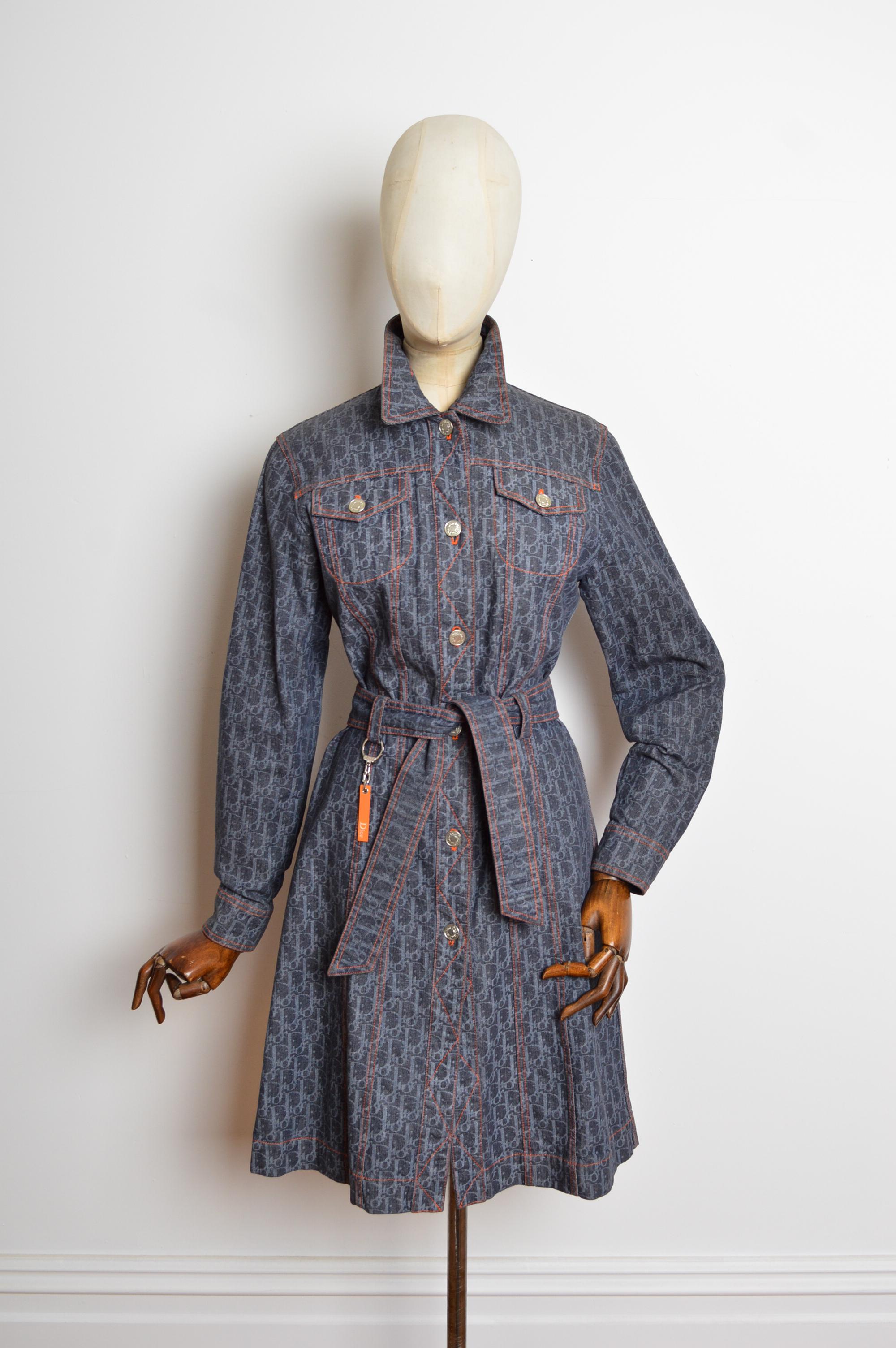2006 Christian Dior John Galliano Denim Trotter monogram Belted Long Jacket Coat For Sale 4