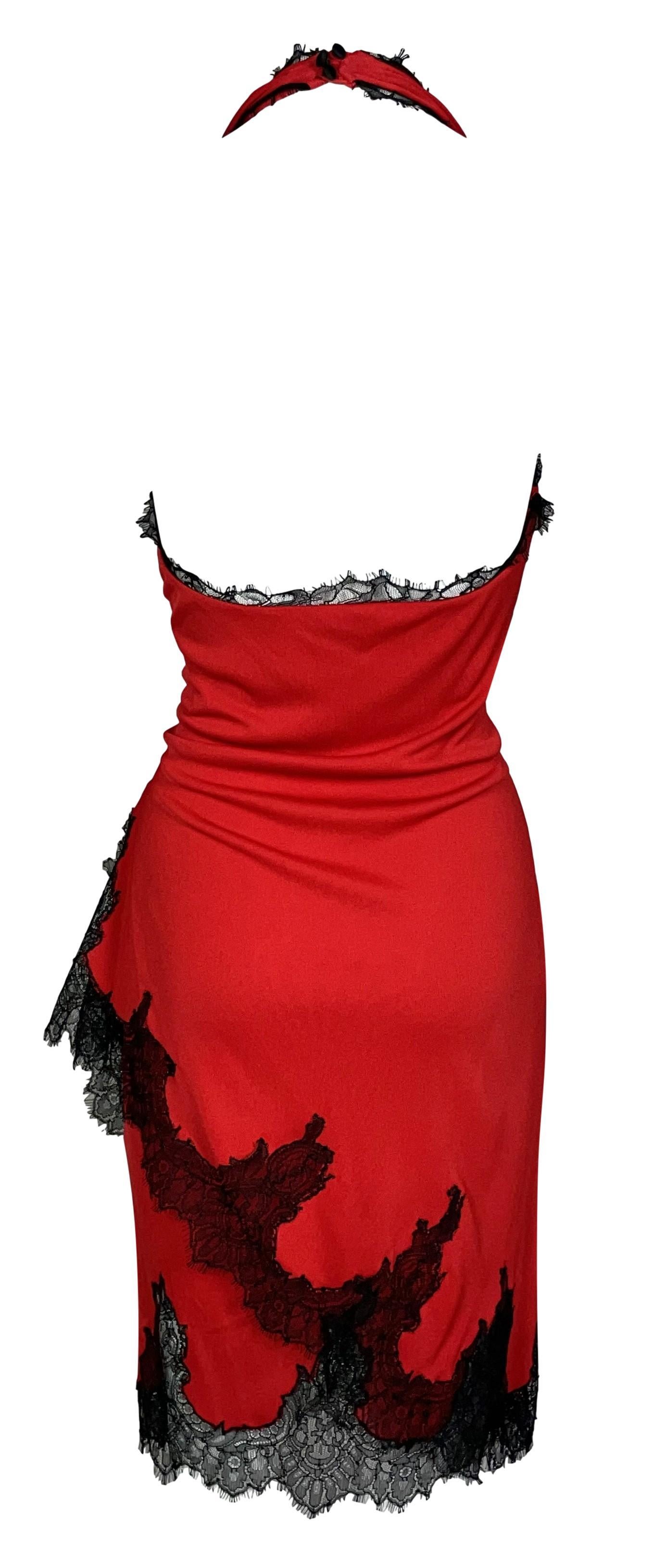 2006 Emanuel Ungaro Plunging Red & Black Lace Wrap Halter Dress In Good Condition In Yukon, OK