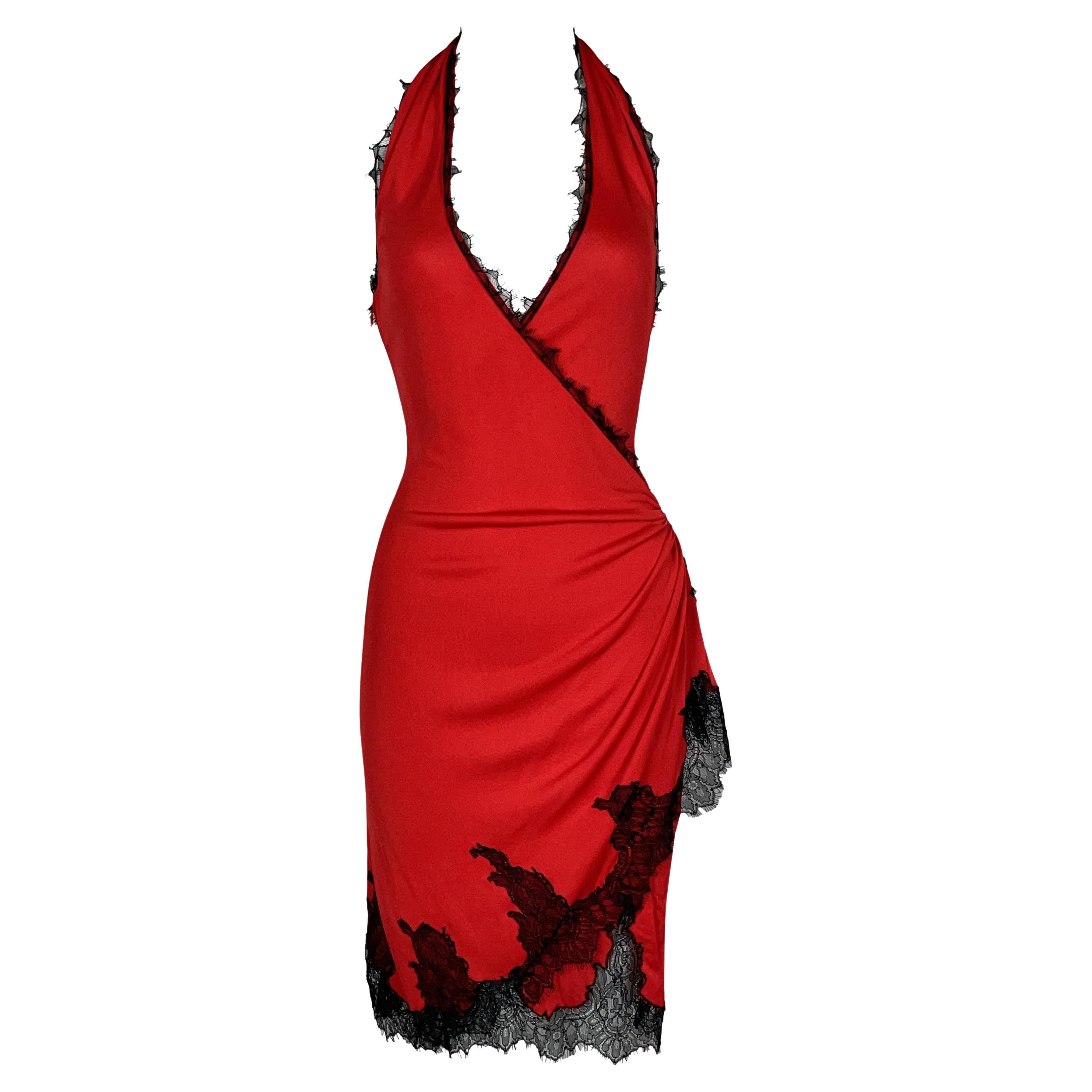 2006 Emanuel Ungaro Plunging Red & Black Lace Wrap Halter Dress