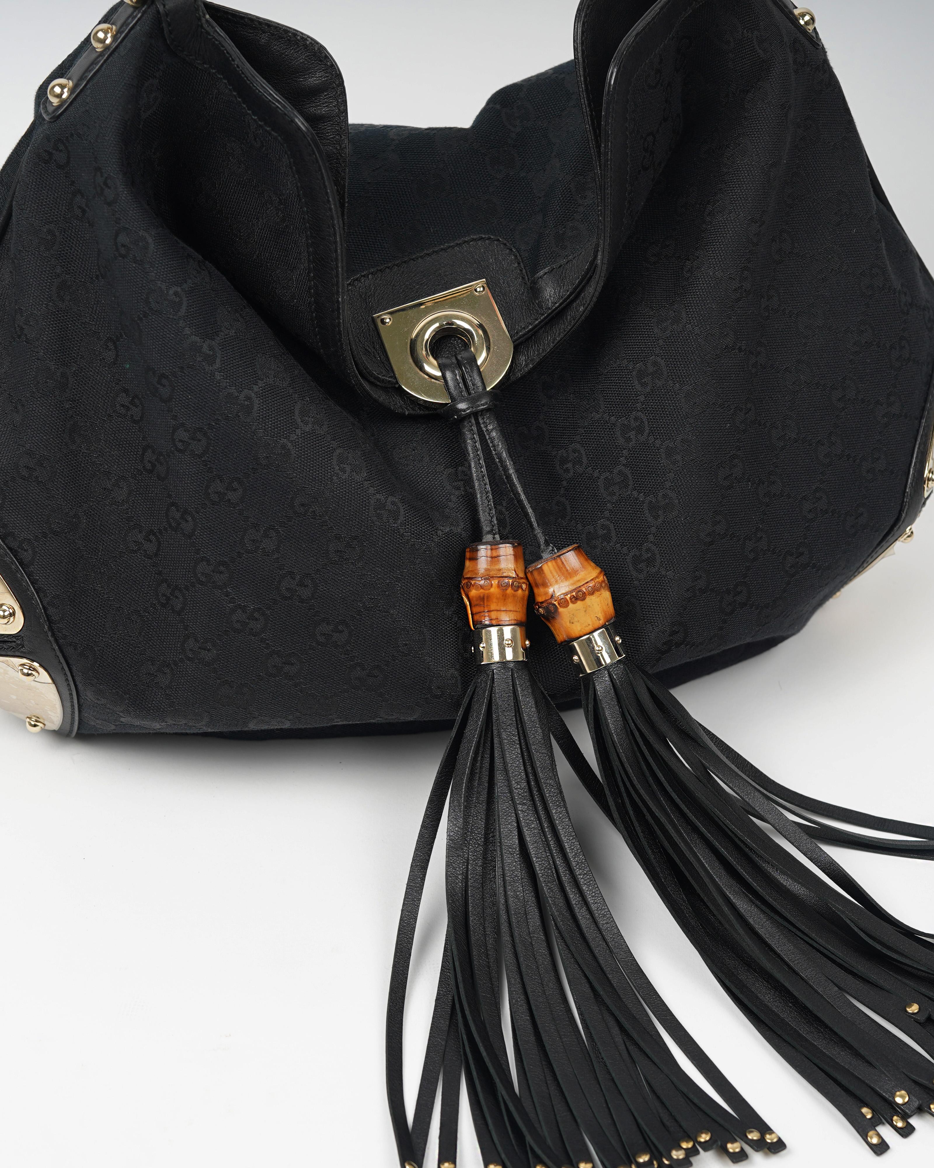Women's 2006 Gucci Black Indy Bag With Gold Embellishments For Sale