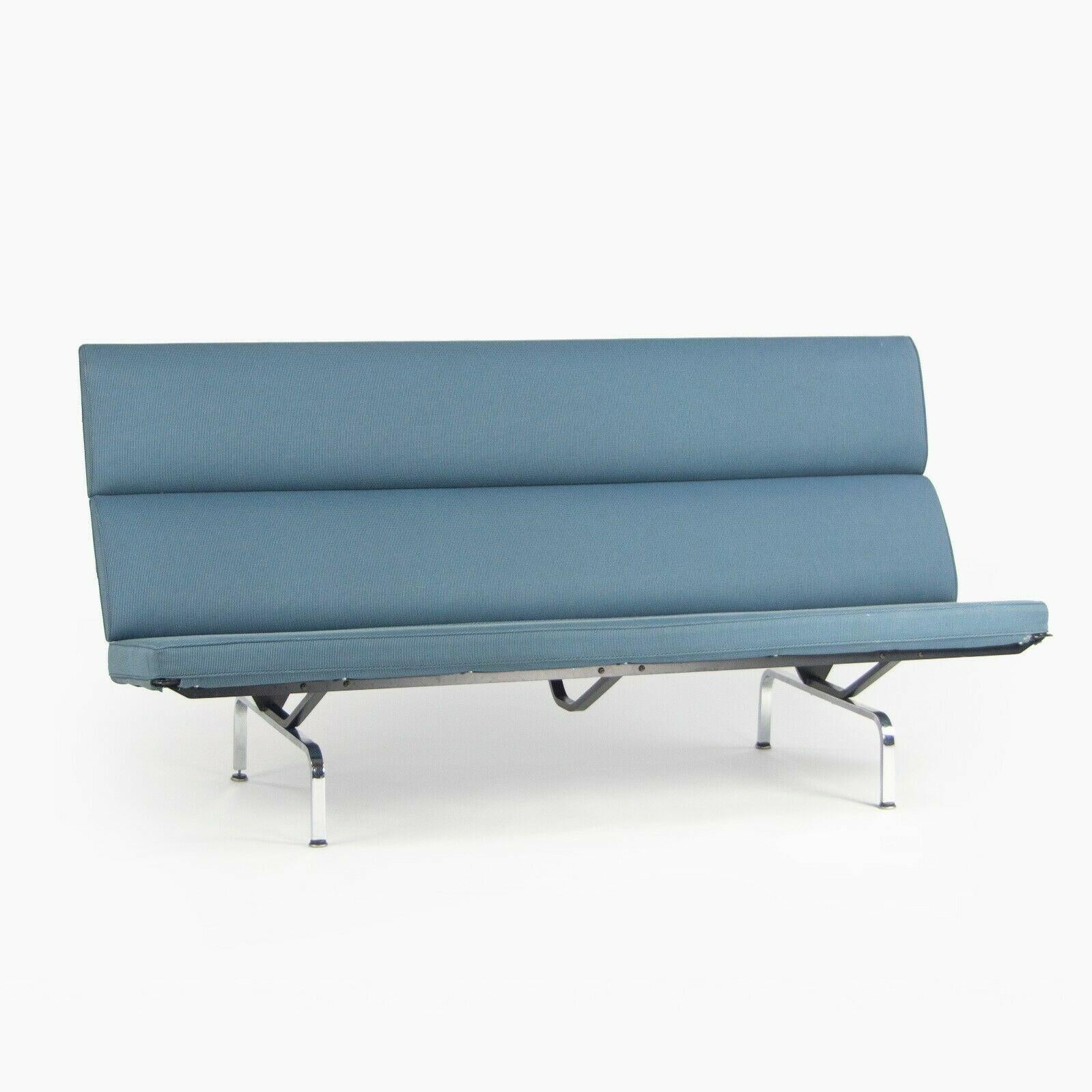 Listed for sale is an original Herman Miller Eames Sofa Compact designed by Ray and Charles Eames. The sofa compact was designed to be as efficient as possible when shipping and was therefore designed to fold almost flat. This example is in very