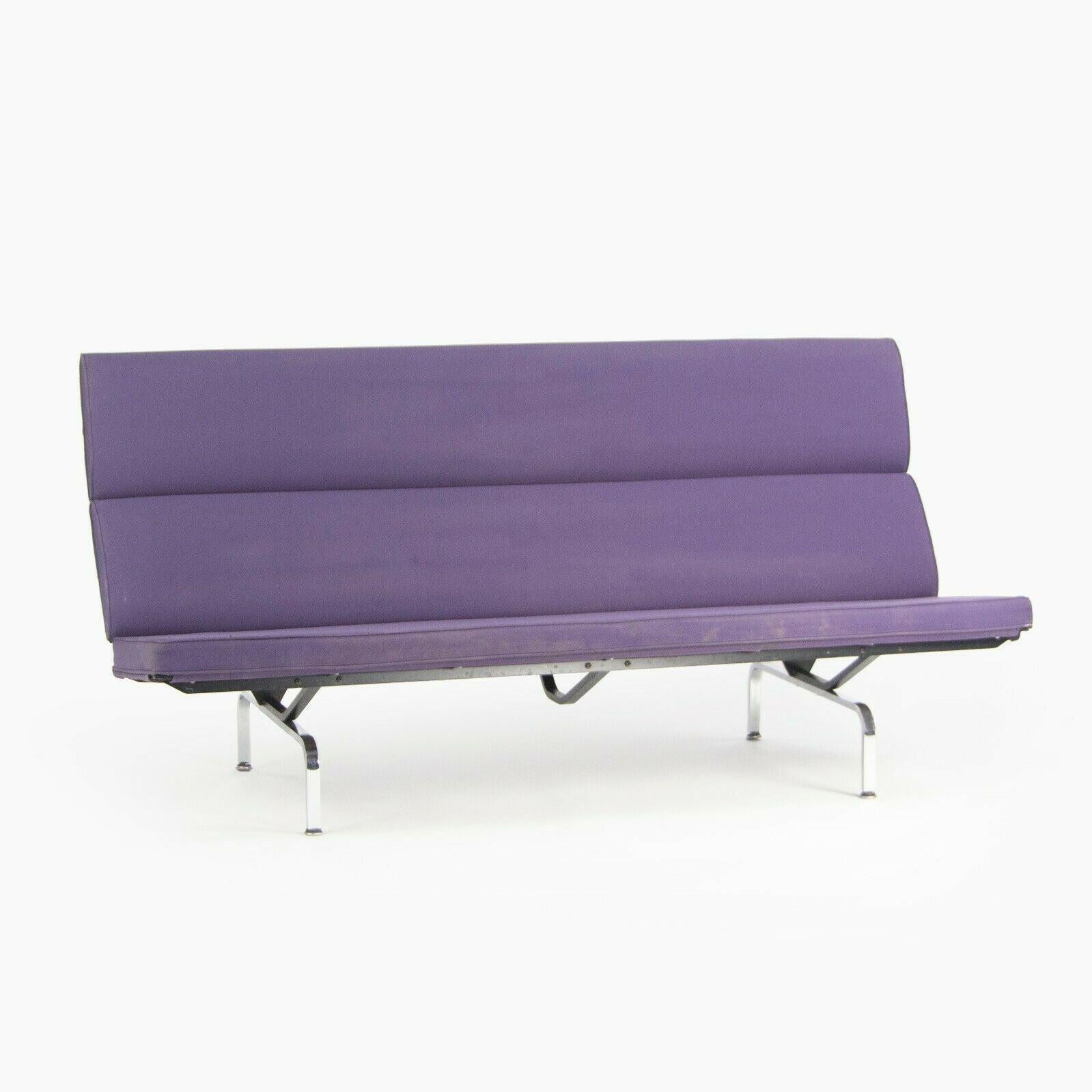 Listed for sale is an original Herman Miller Eames Sofa Compact designed by Ray and Charles Eames. The sofa compact was designed to be as efficient as possible when shipping and was therefore designed to fold almost flat. This example is in