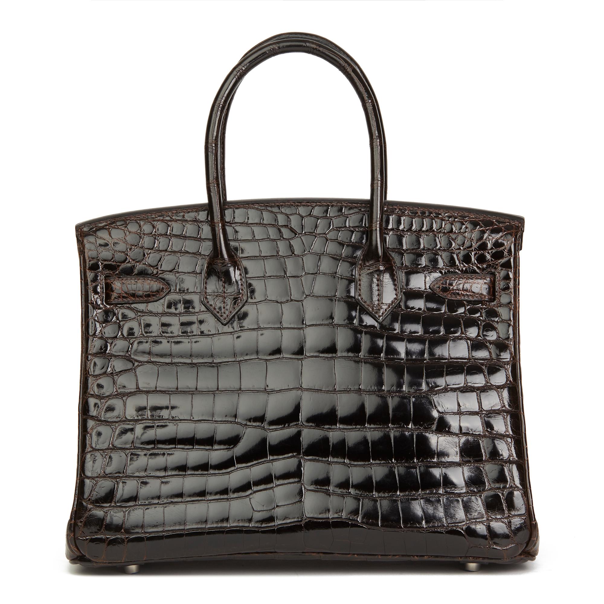 2006 Hermès Marron Fonce Shiny Niloticus Crocodile Leather Birkin 30cm In Excellent Condition In Bishop's Stortford, Hertfordshire