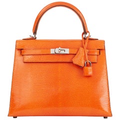 2006 Hermès Tangerine Shiny Niloticus Lizard Leather Kelly 25cm Sellier