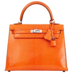 2006 Hermès Tangerine Shiny Niloticus Lizard Leather Kelly 25cm Sellier