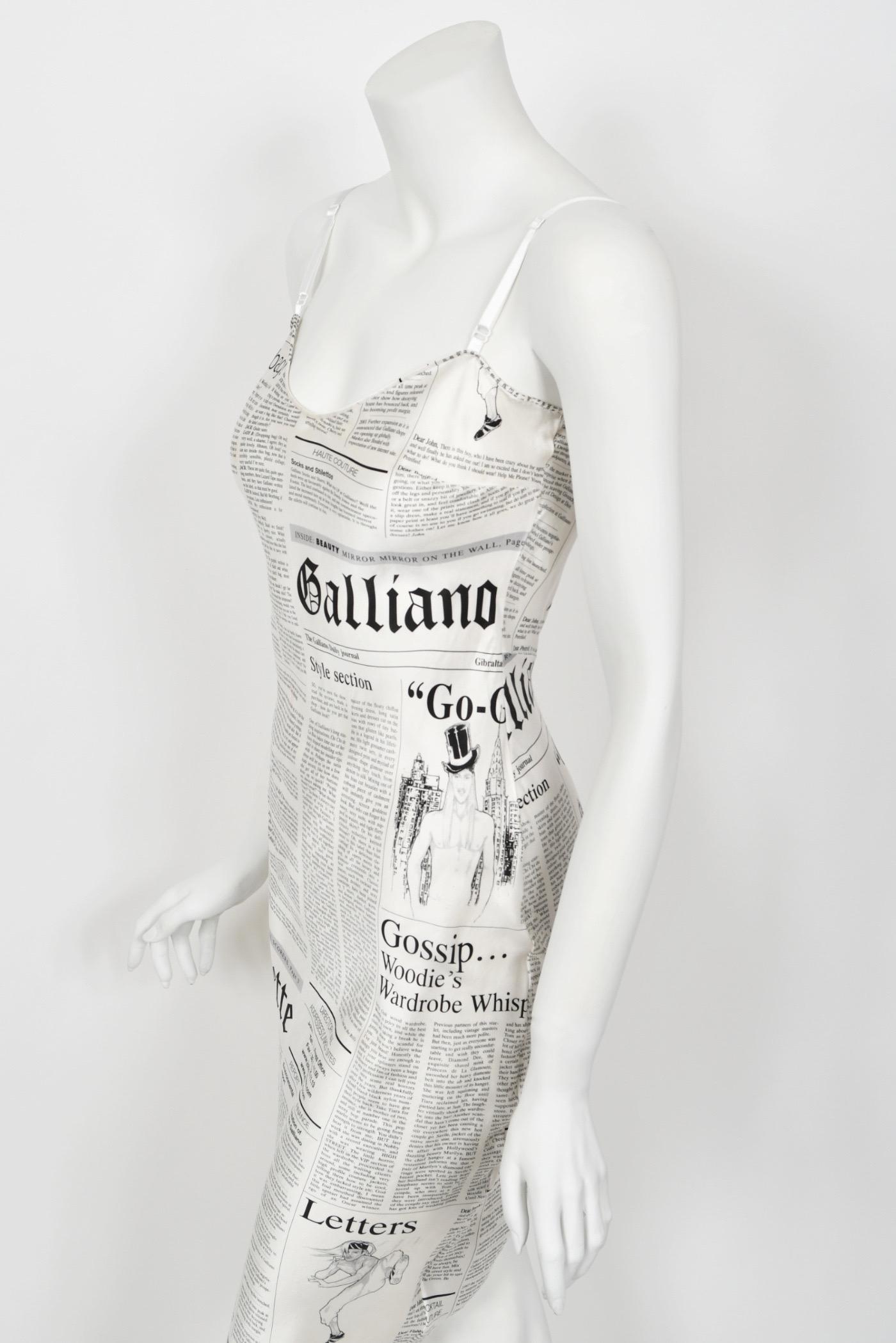 2006 John Galliano Documented Newspaper Print White Silk Bias-Cut Slip Dress 5