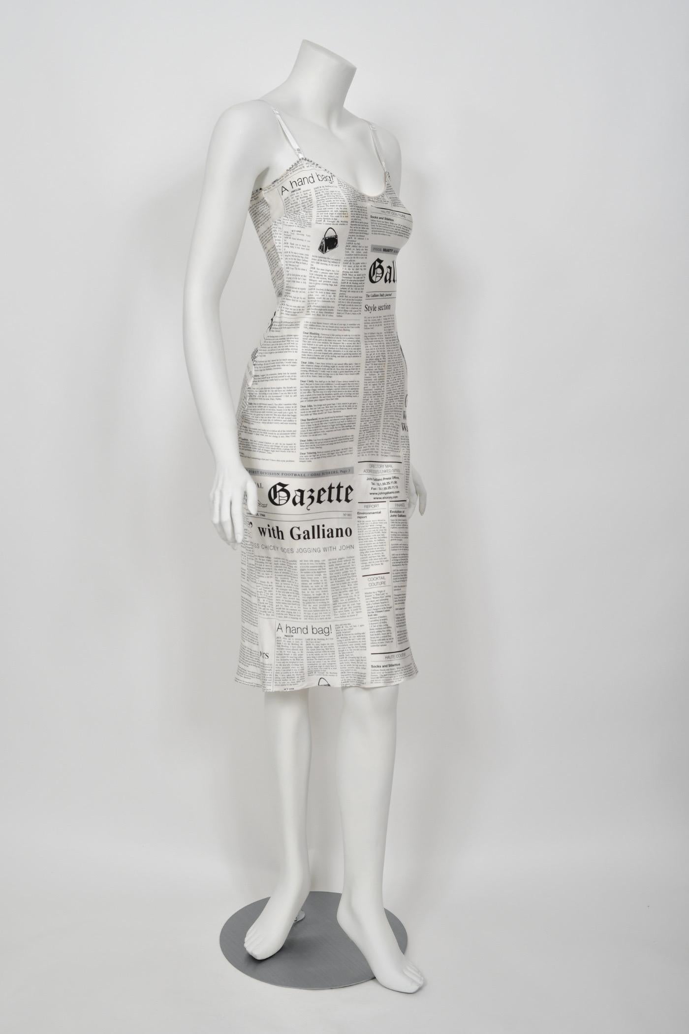 2006 John Galliano Documented Newspaper Print White Silk Bias-Cut Slip Dress 7
