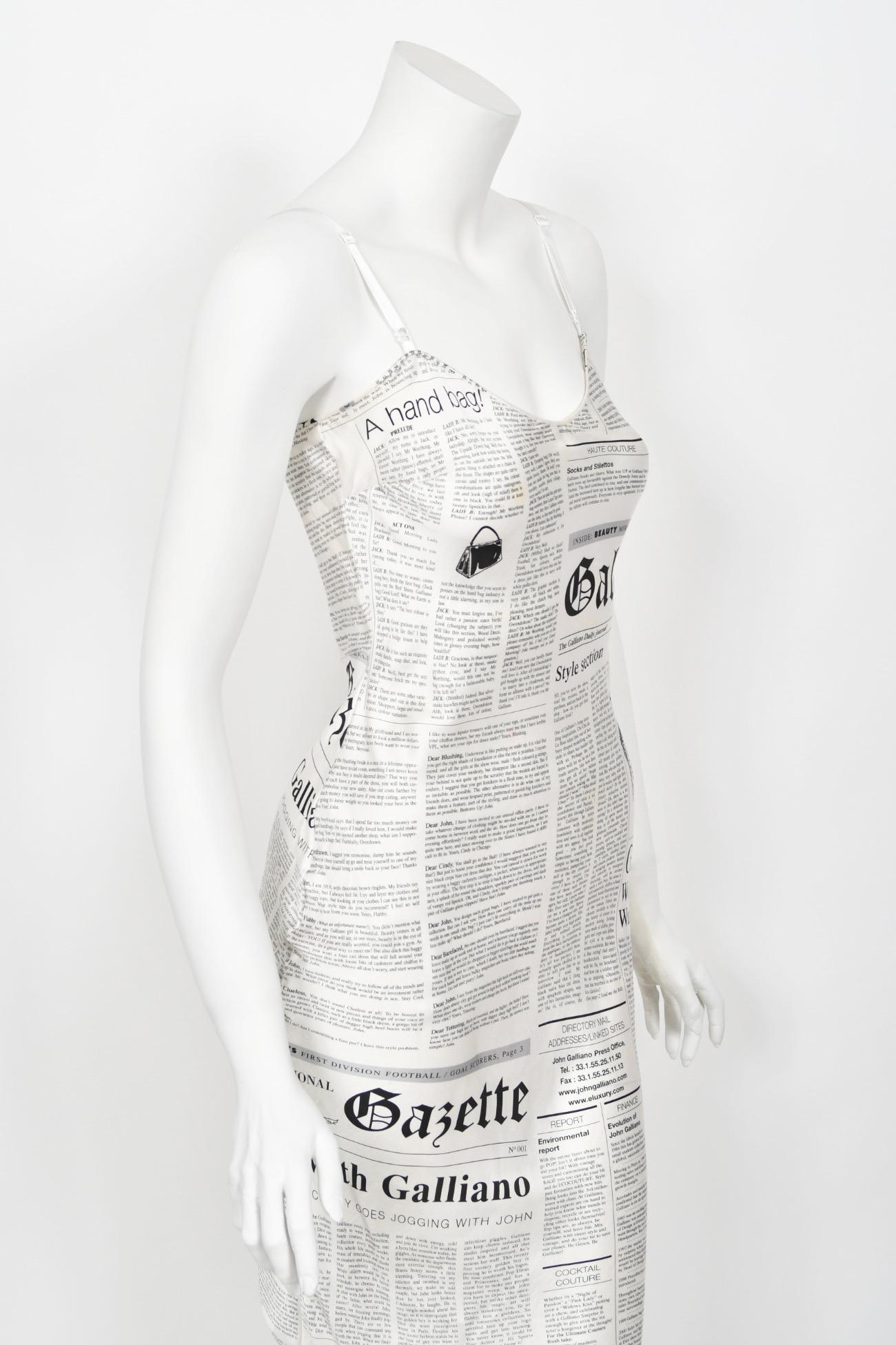 2006 John Galliano Documented Newspaper Print White Silk Bias-Cut Slip Dress 8