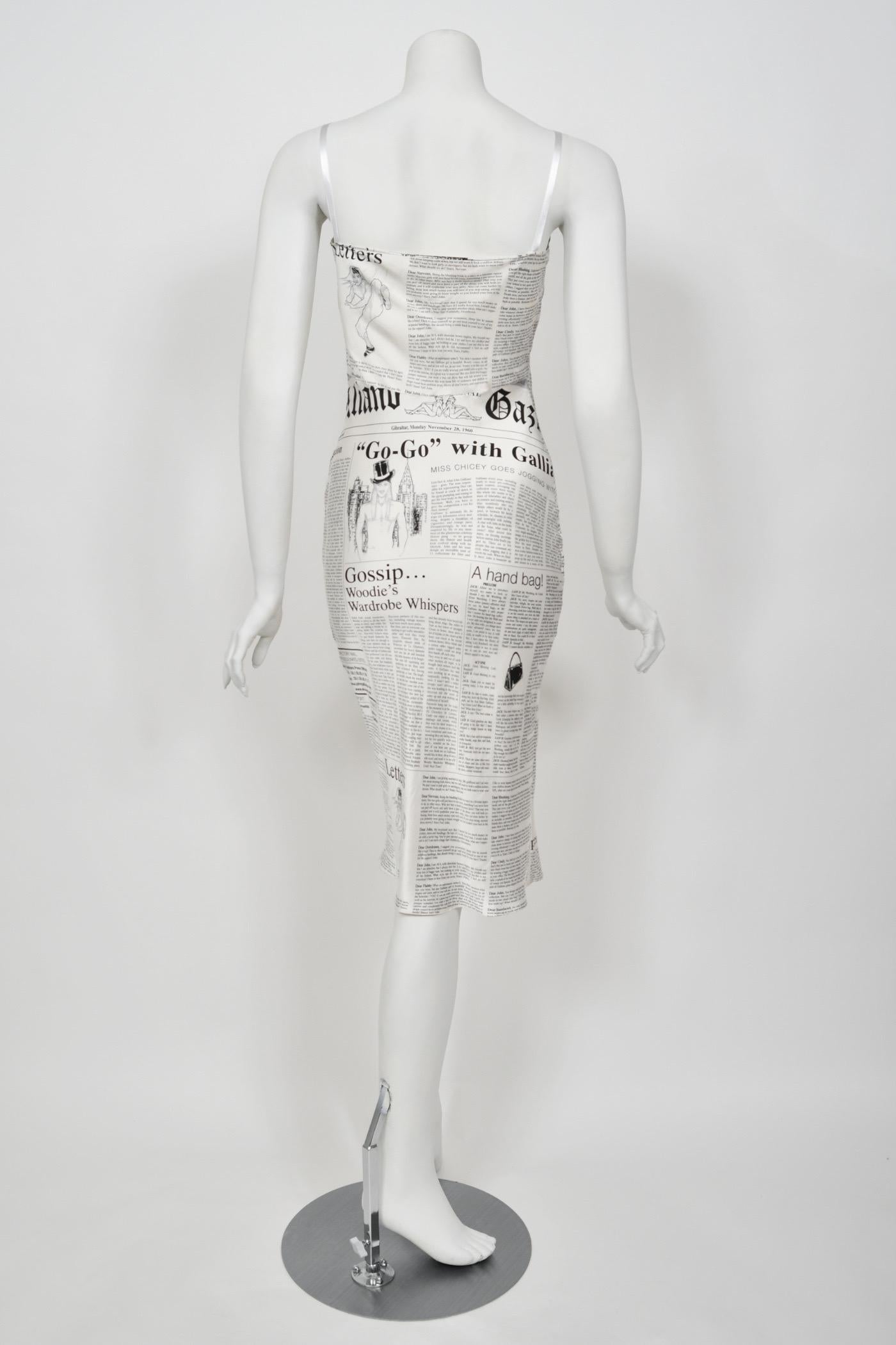 2006 John Galliano Documented Newspaper Print White Silk Bias-Cut Slip Dress 11
