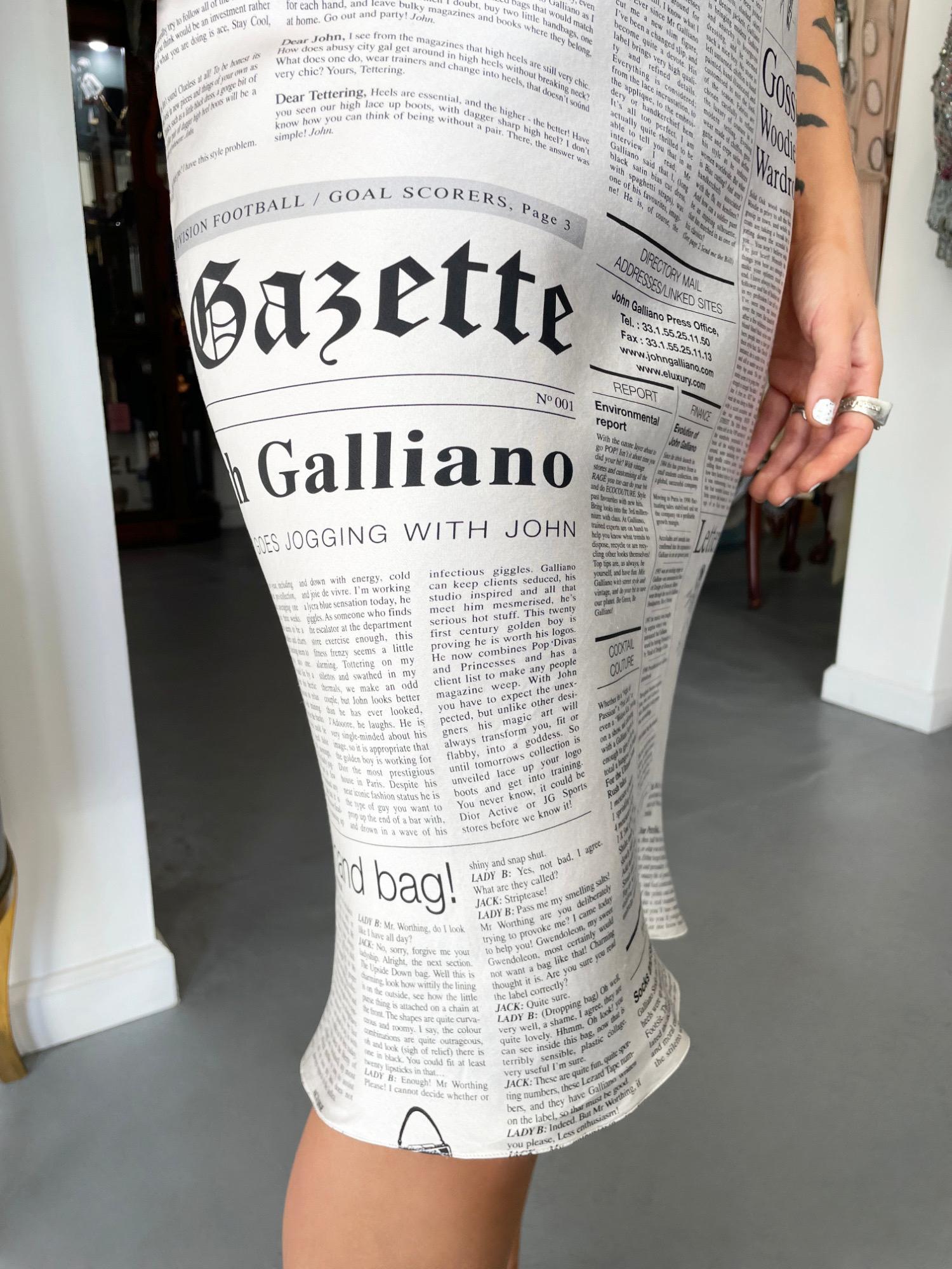 2006 John Galliano Documented Newspaper Print White Silk Bias-Cut Slip Dress In Good Condition In Beverly Hills, CA