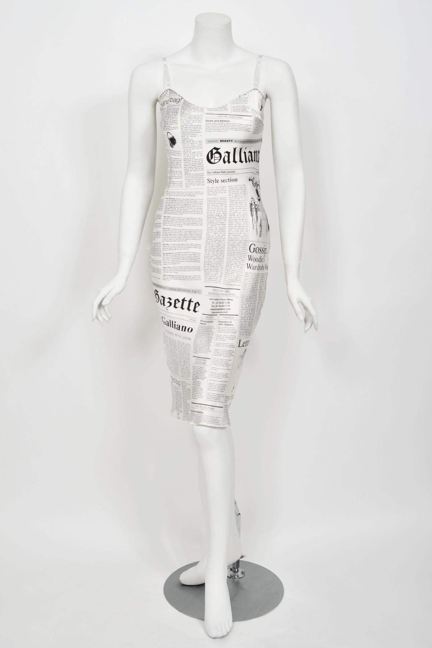 2006 John Galliano Documented Newspaper Print White Silk Bias-Cut Slip Dress 2