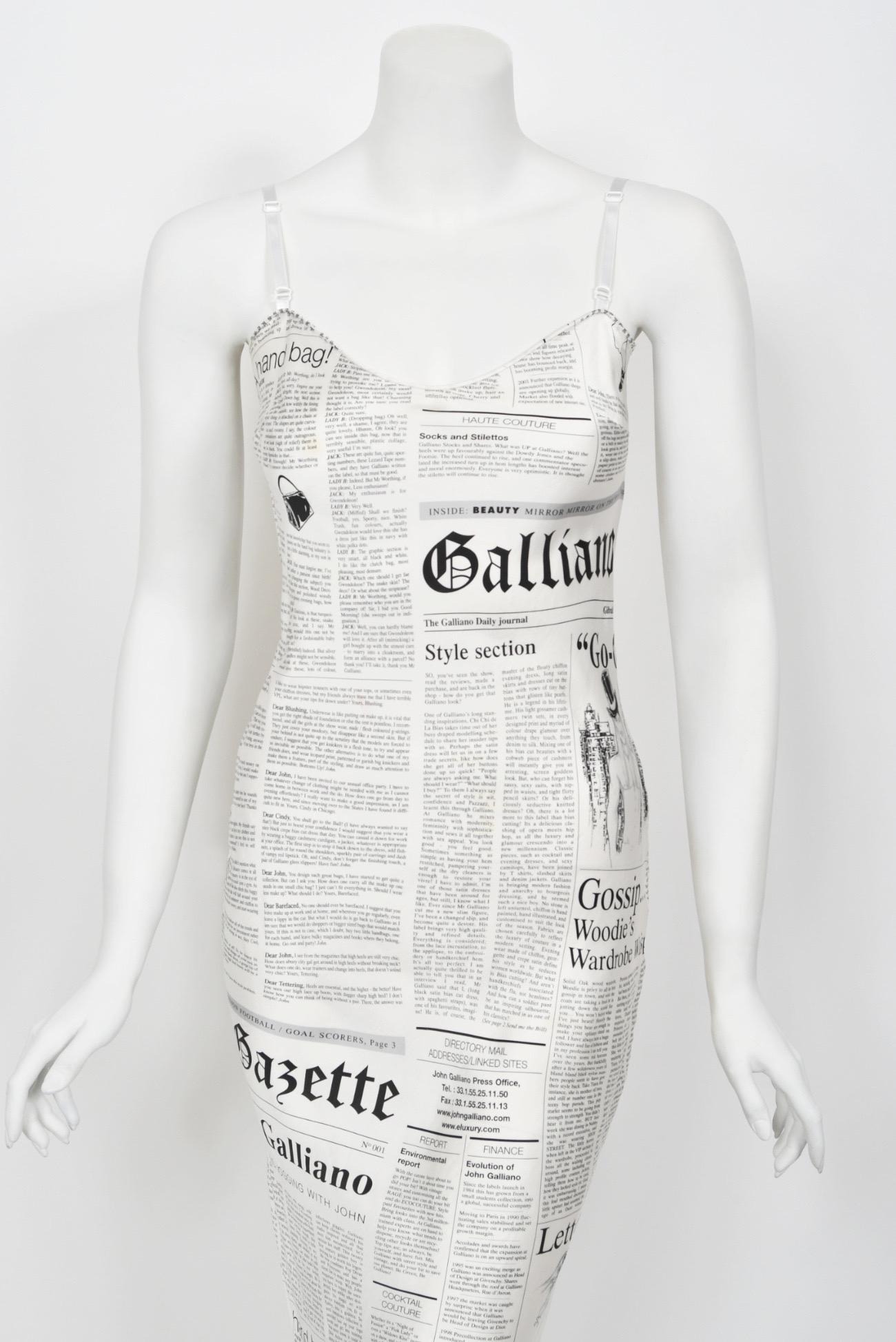 2006 John Galliano Documented Newspaper Print White Silk Bias-Cut Slip Dress 3