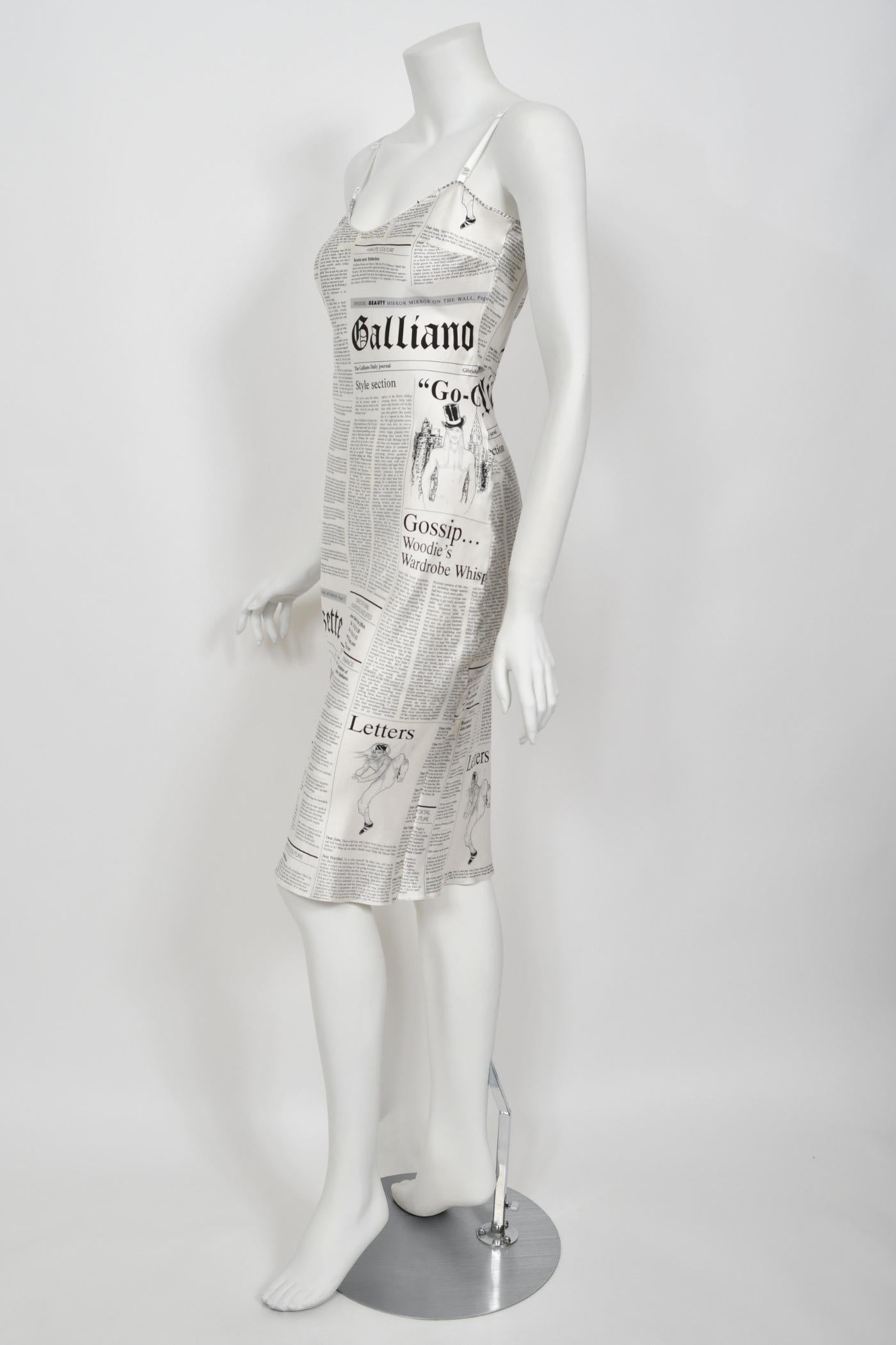 2006 John Galliano Documented Newspaper Print White Silk Bias-Cut Slip Dress 4