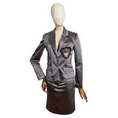 2006 John Galliano Vintage Gun Metal Grey Satin School Blazer & Skirt Set Suit