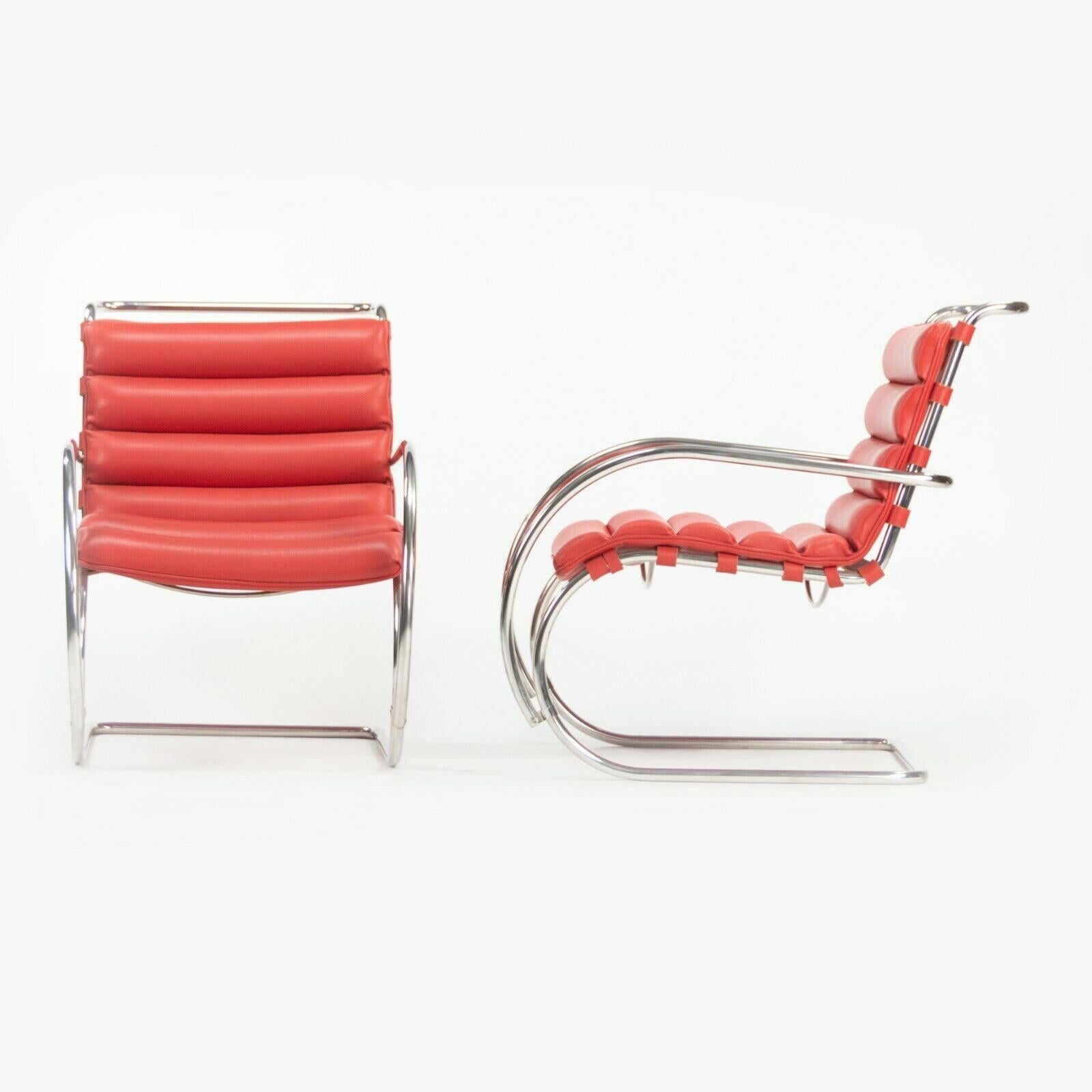 Listed for sale is a (sold separately) Mies Van Der Rohe for Knoll Studio MR arm chair in gorgeous red leather upholstery. These examples came from the executive lounge of a corporate banking headquarters in Manhattan. Condition overall is very good