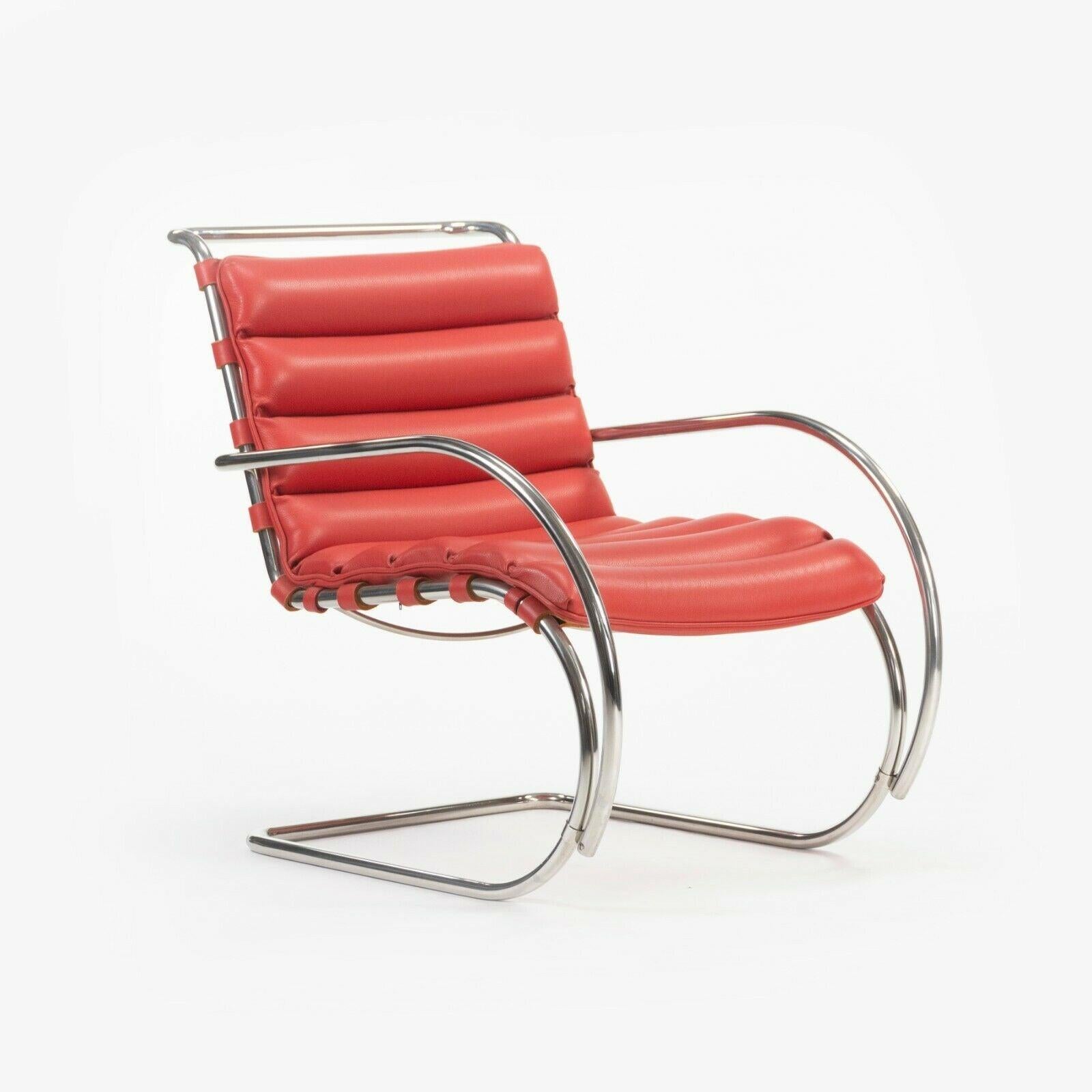 Modern 2006 Mies Van Der Rohe for Knoll Studio Red Leather MR EO7M Lounge Arm Chairs For Sale