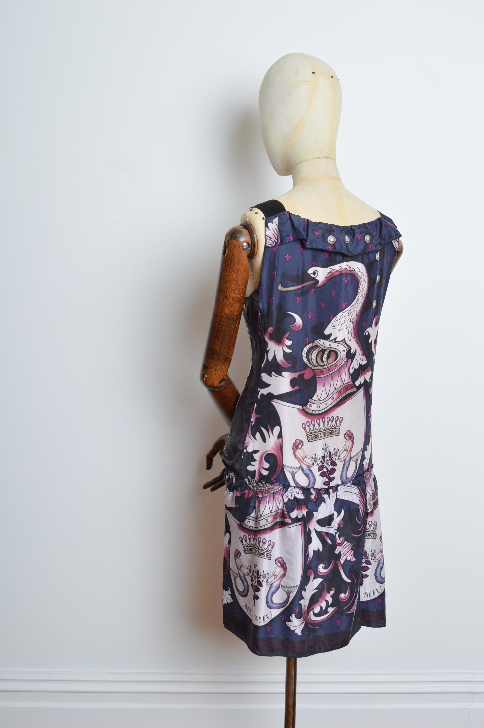 2006 MIU MIU Silk Shift Mermaid pattern 'Coat of arms' Flapper style Mini Dress 5