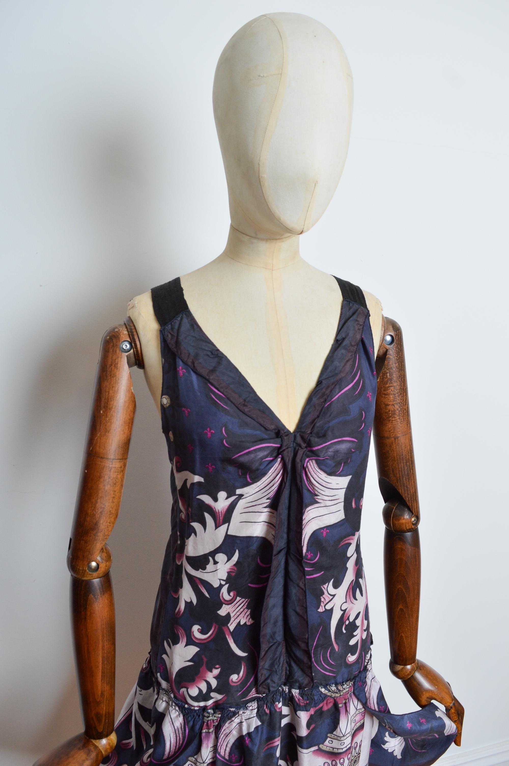 Black 2006 MIU MIU Silk Shift Mermaid pattern 'Coat of arms' Flapper style Mini Dress