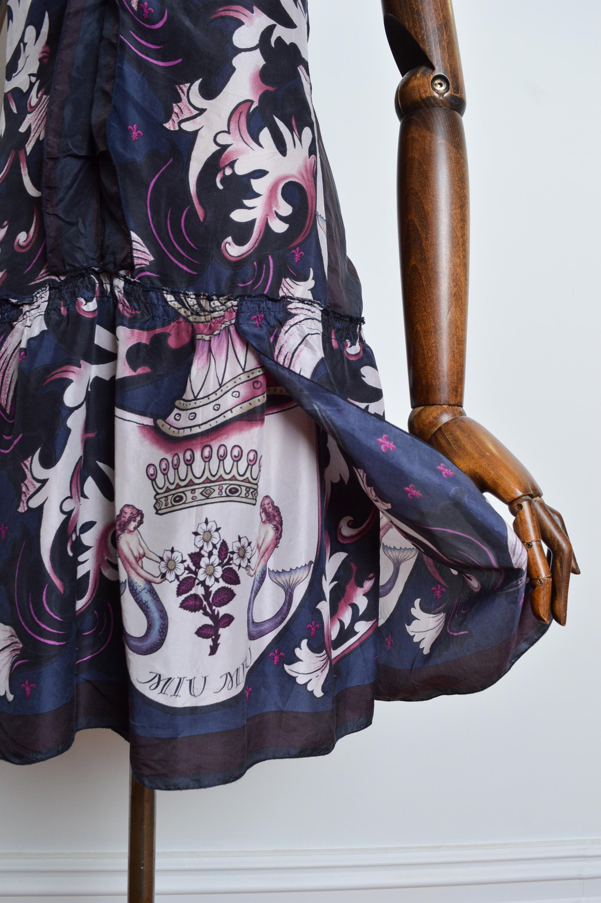 Women's 2006 MIU MIU Silk Shift Mermaid pattern 'Coat of arms' Flapper style Mini Dress