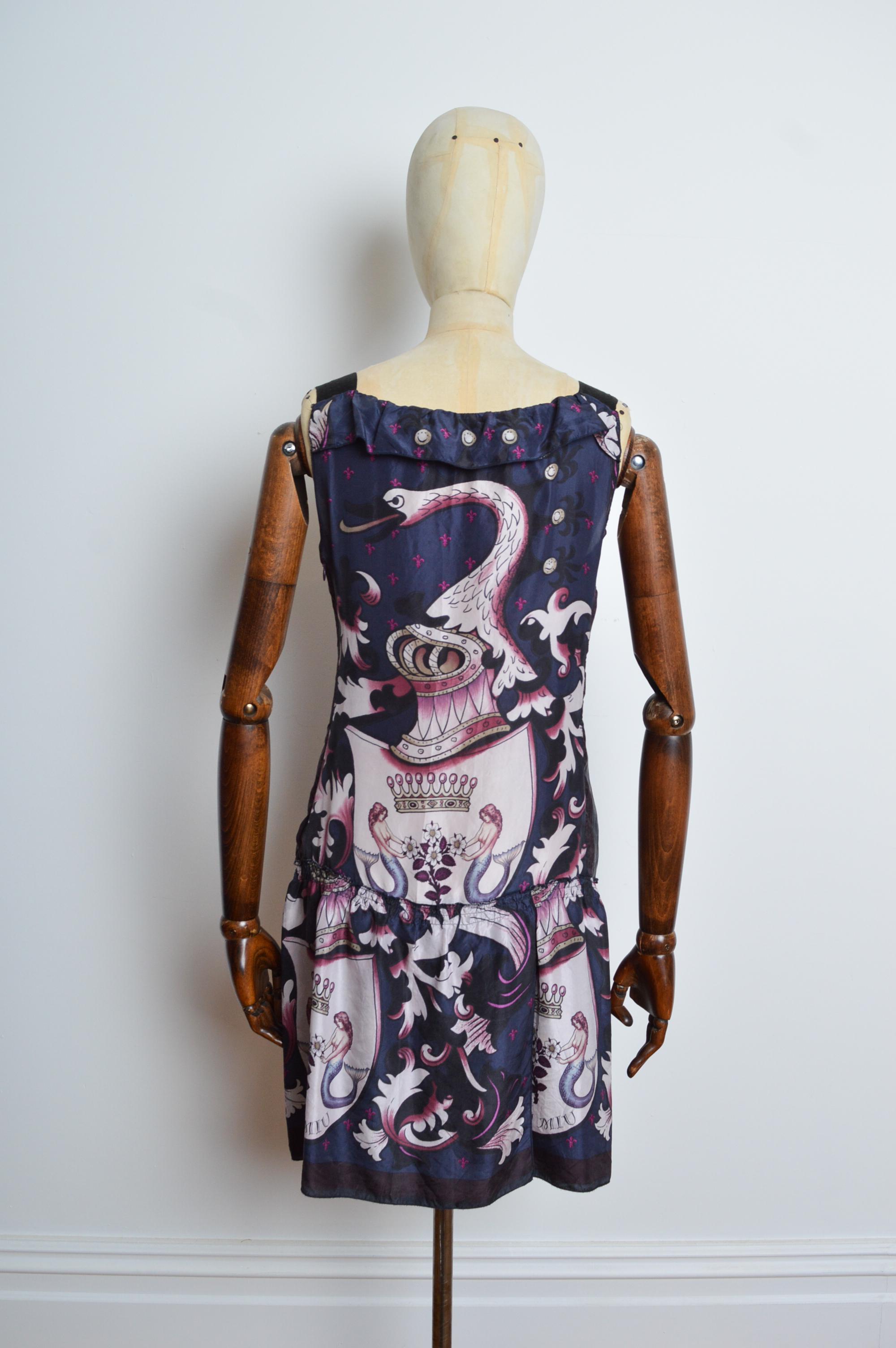 2006 MIU MIU Silk Shift Mermaid pattern 'Coat of arms' Flapper style Mini Dress 2