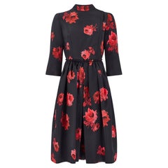 2006 Prada Runway Documented Black Silk and Red Rose Print Dress