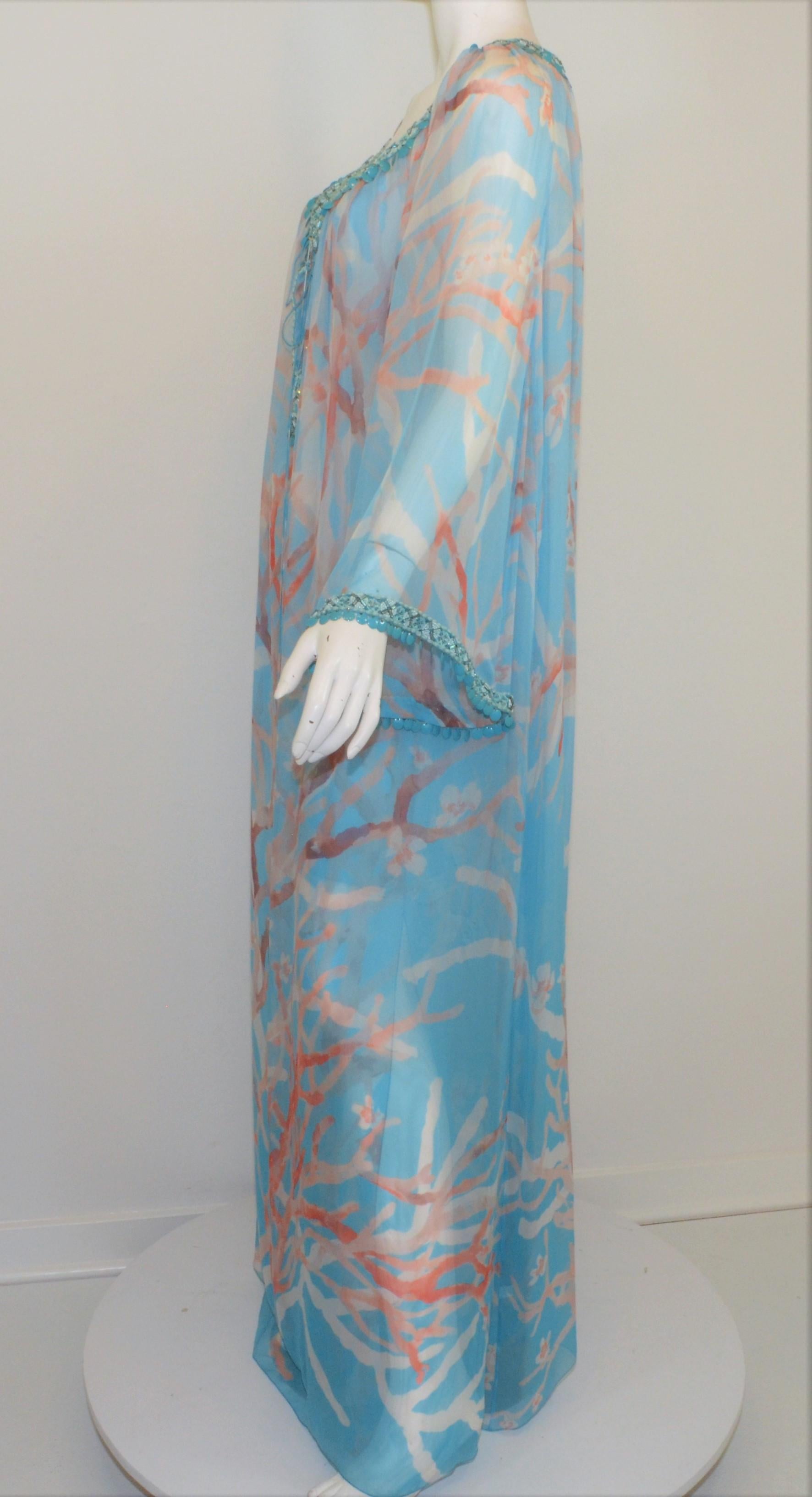 Blue 2006 Resort Oscar de la Renta Chiffon Caftan Embellished Dress