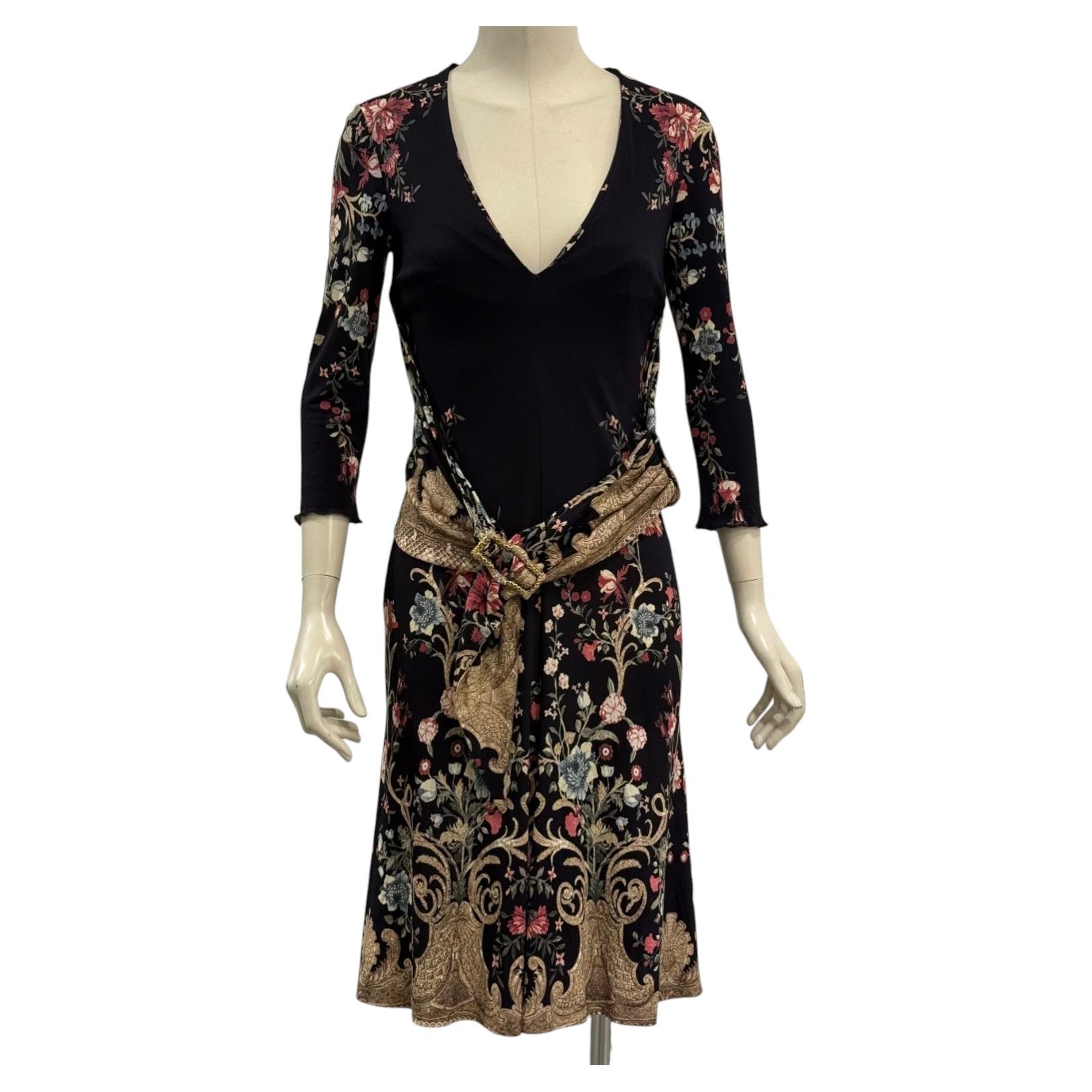 2006 Roberto Cavalli - Robe portefeuille baroque à fleurs avec ceinture