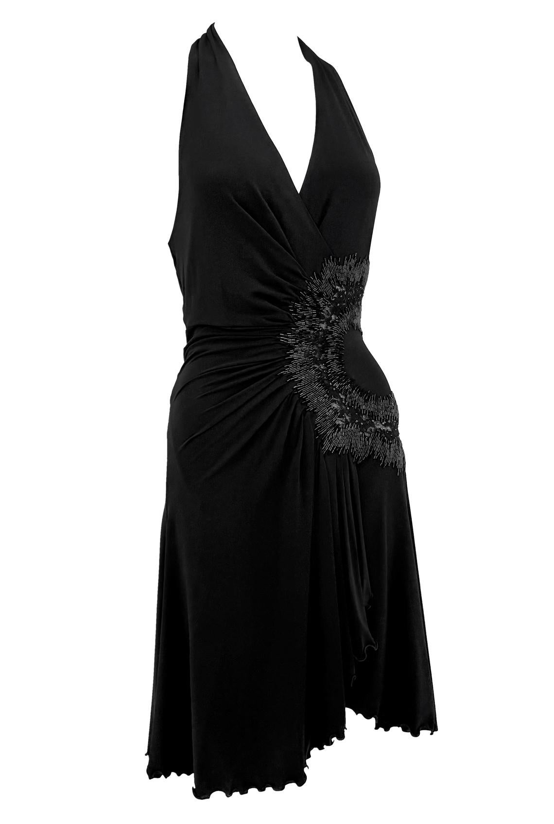 2006 Roberto Cavalli Semi Sheer Black Rhinestone Beaded Flare Halter Mini Dress in vendita 5