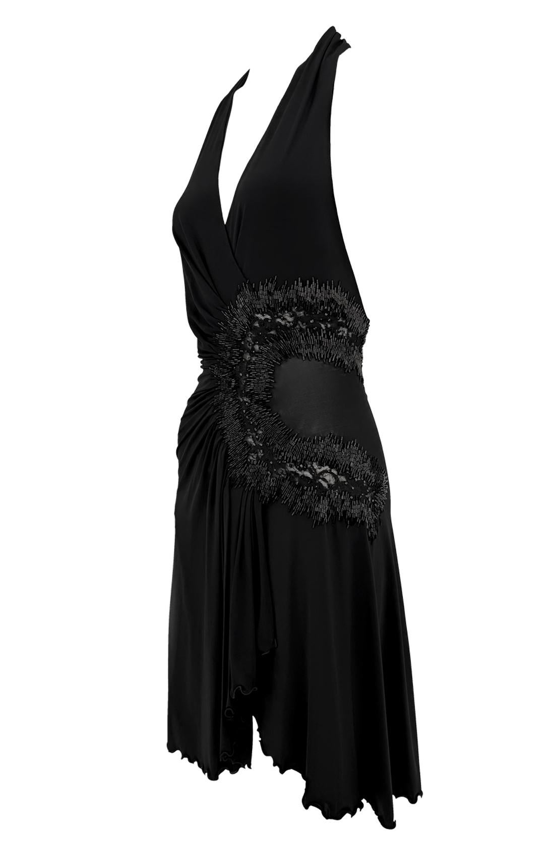 Nero 2006 Roberto Cavalli Semi Sheer Black Rhinestone Beaded Flare Halter Mini Dress in vendita