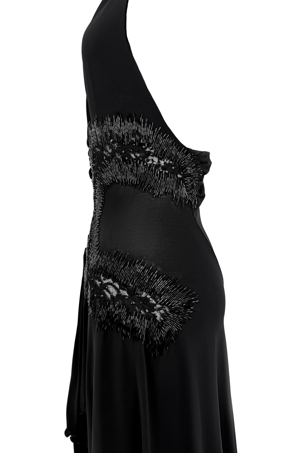 2006 Roberto Cavalli Semi Sheer Black Rhinestone Beaded Flare Halter Mini Dress in vendita 1