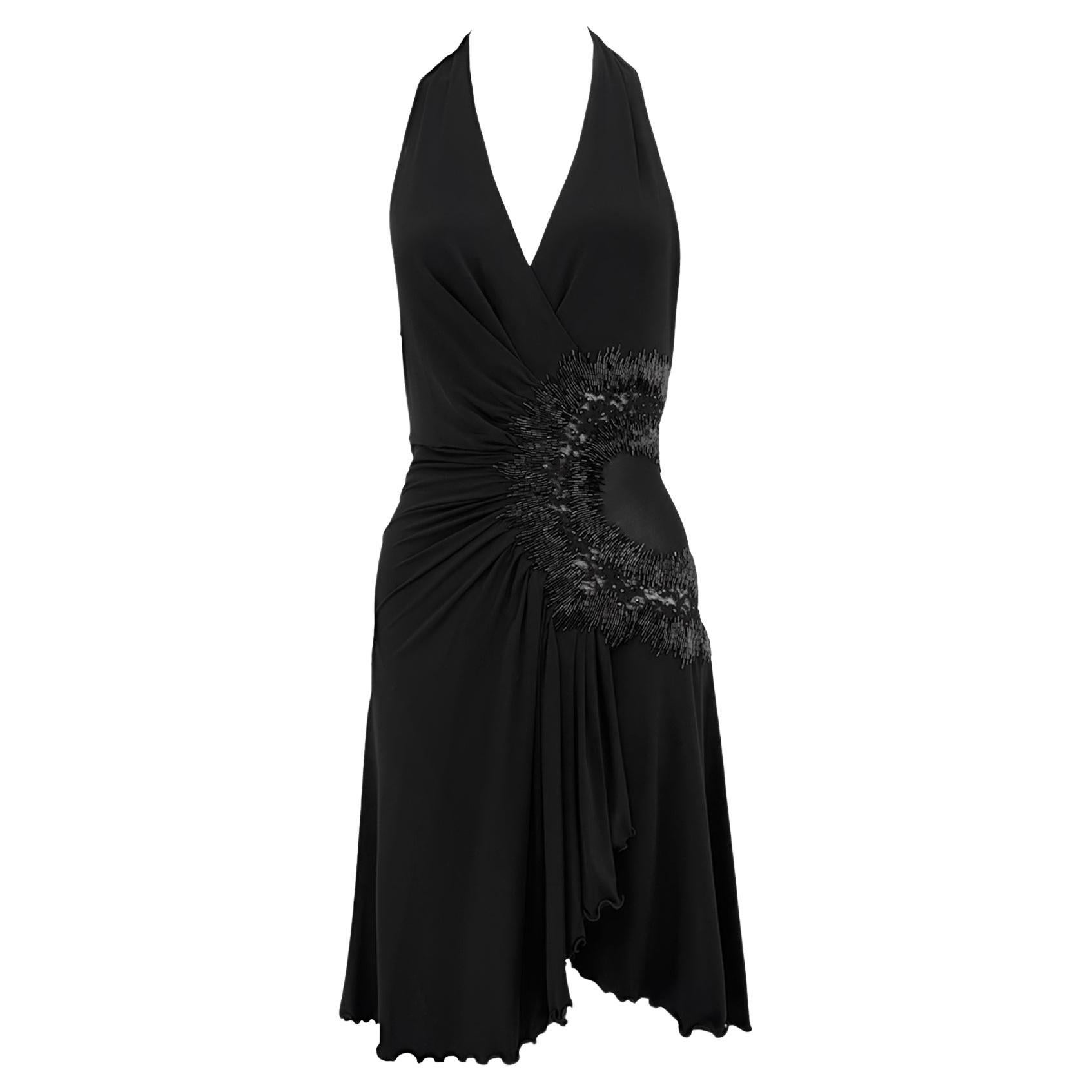 2006 Roberto Cavalli Semi Sheer Black Rhinestone Beaded Flare Halter Mini Dress in vendita