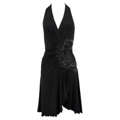 2006 Roberto Cavalli Semi Sheer Black Rhinestone Beaded Flare Halter Mini Dress