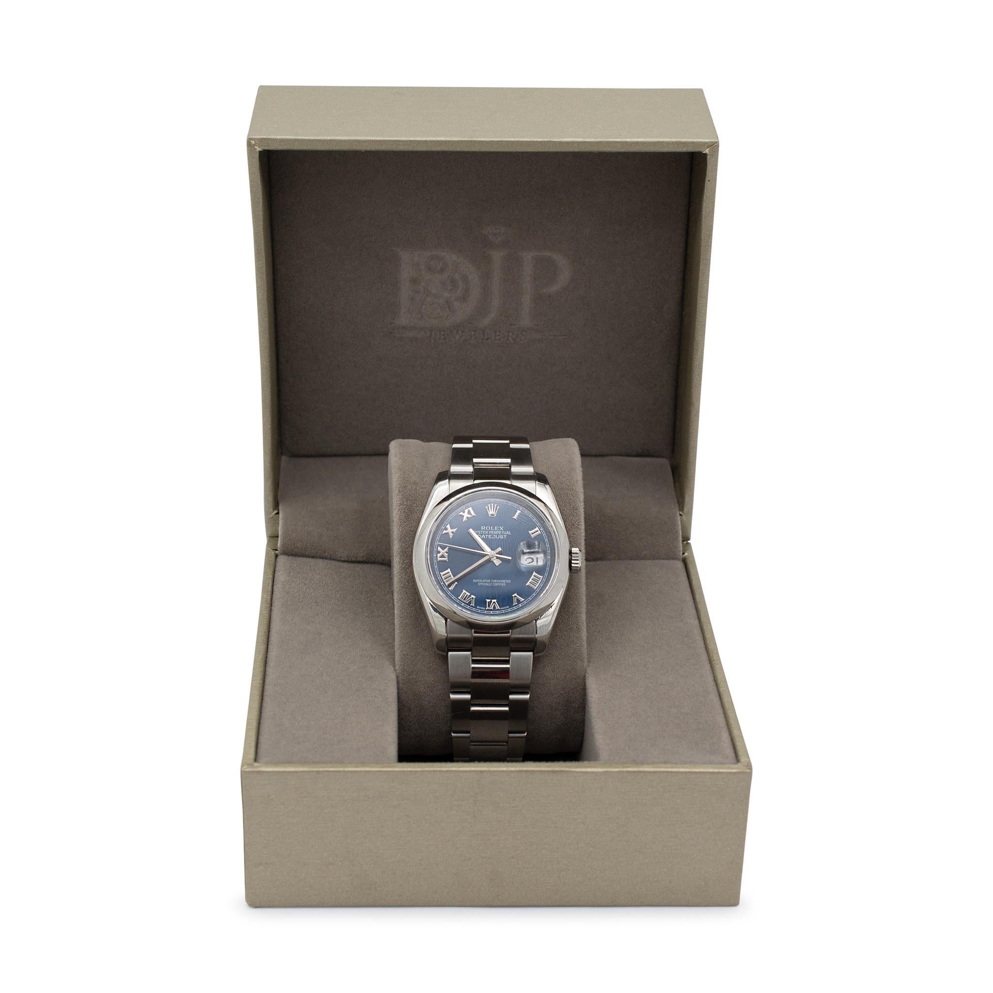2006 Rolex Datejust 36MM 116200 Blue Roman Dial Oyster Stainless Steel Watch For Sale 3