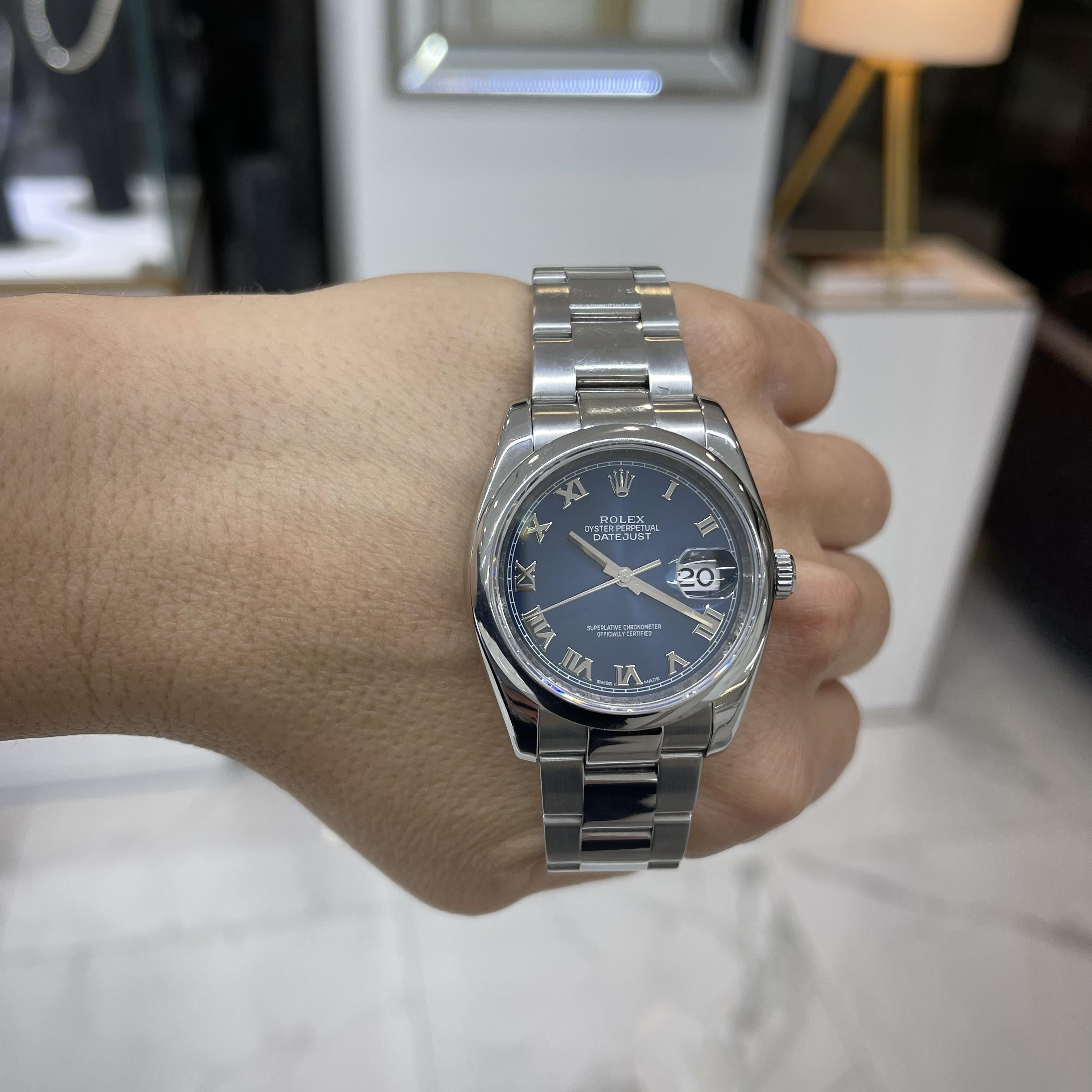 2006 Rolex Datejust 36MM 116200 Blue Roman Dial Oyster Stainless Steel Watch For Sale 4