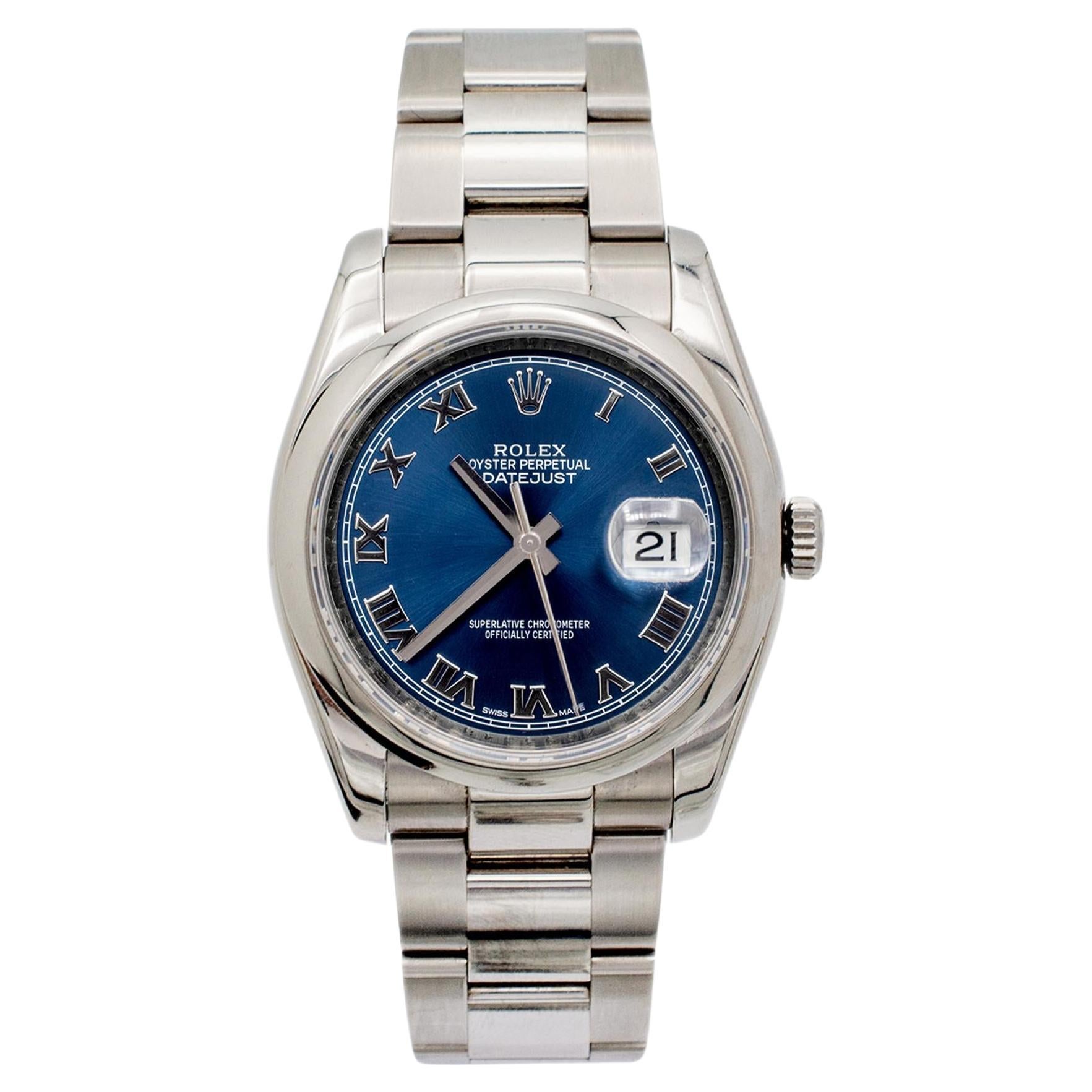 2006 Rolex Datejust 36MM 116200 Blue Roman Dial Oyster Stainless Steel Watch For Sale