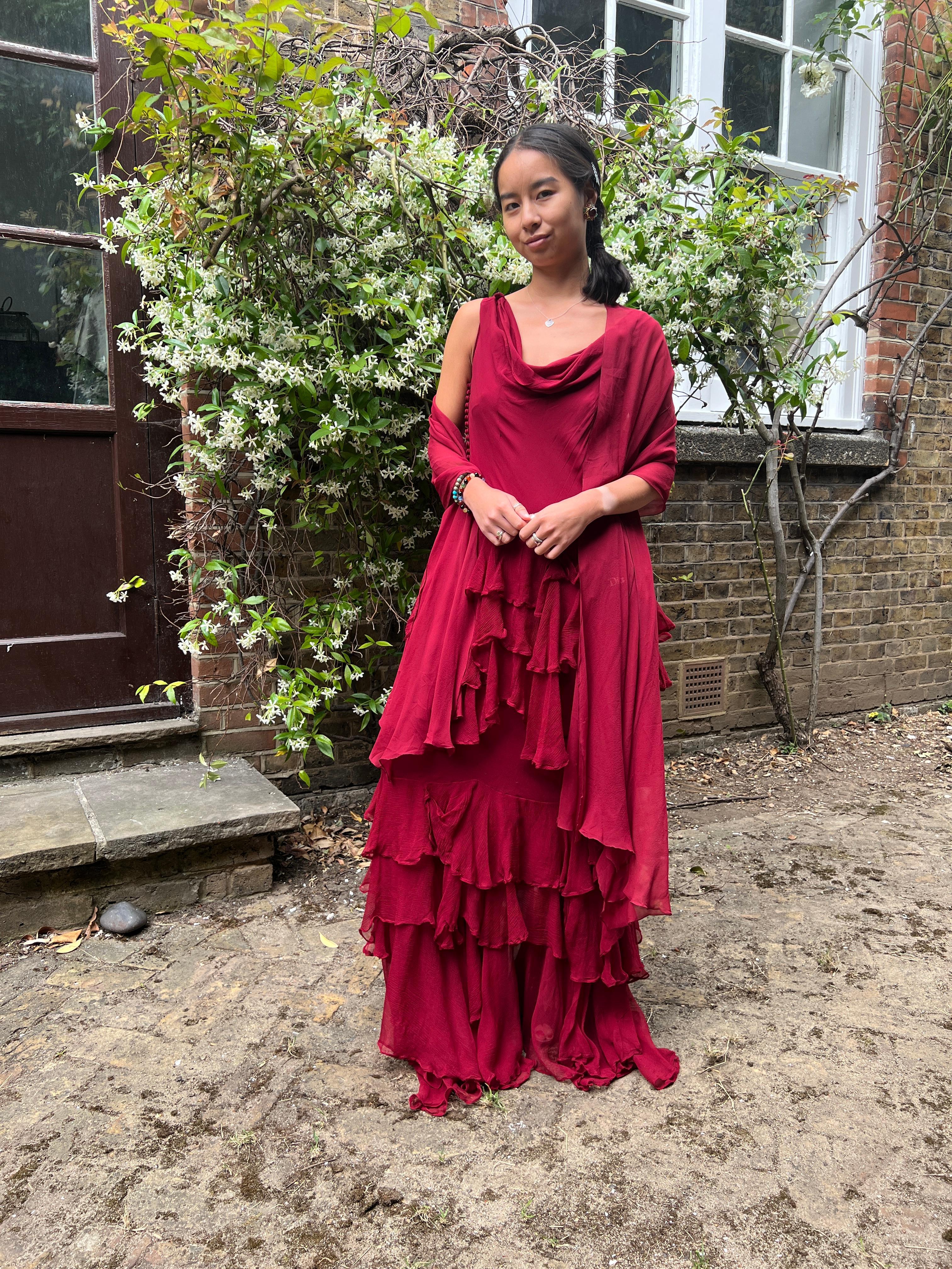 2006 Runway John Galliano for Christian Dior Maroon Silk Dress For Sale 5
