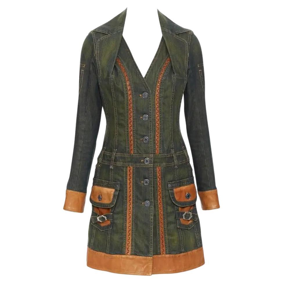 2006 SS Dior & Galliano  Laufsteg Lederbesatz Denim Vintage Mantel 2000s im Angebot