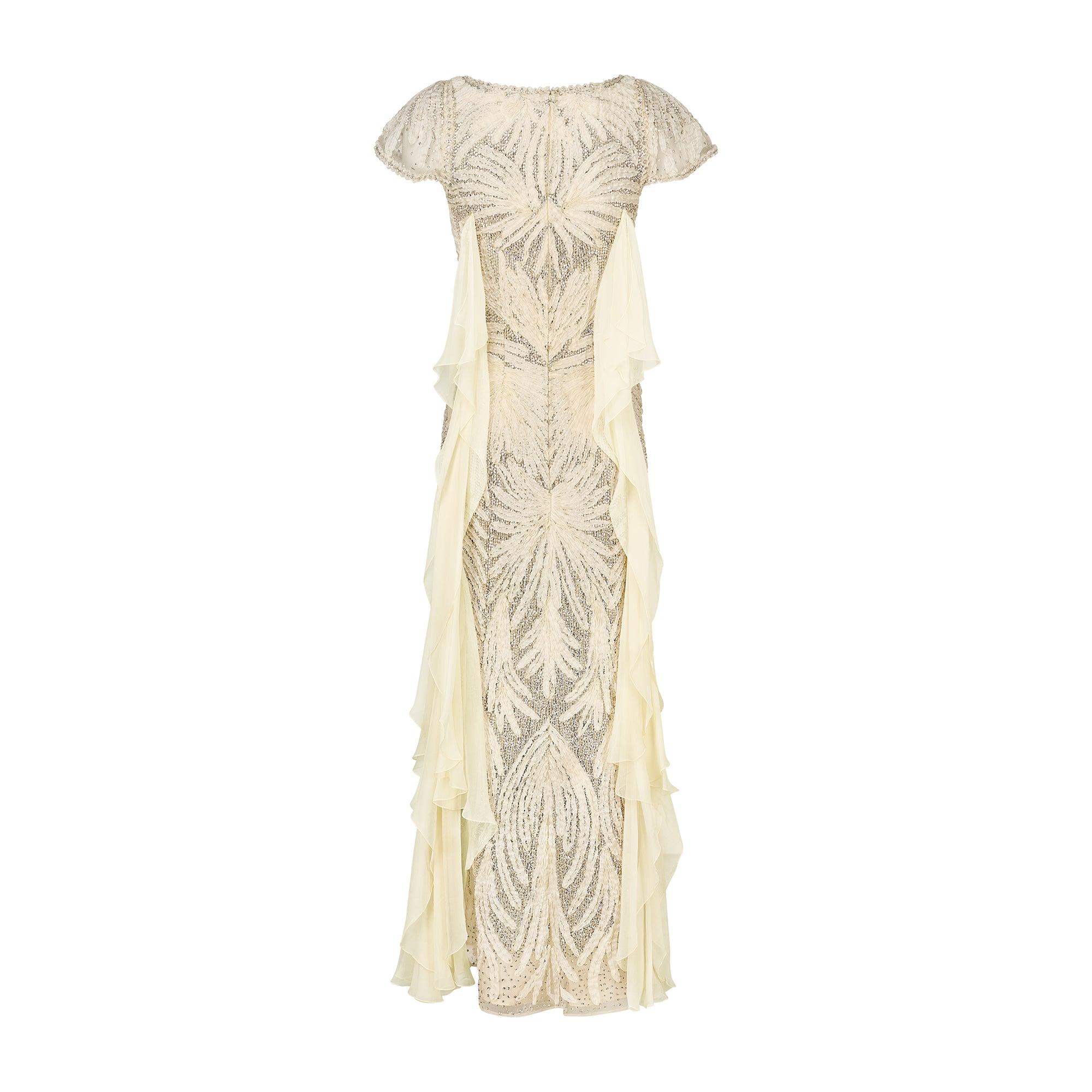 Beige 2006 Valentino Couture Haute Couture Robe à volants blanche et argentée en vente