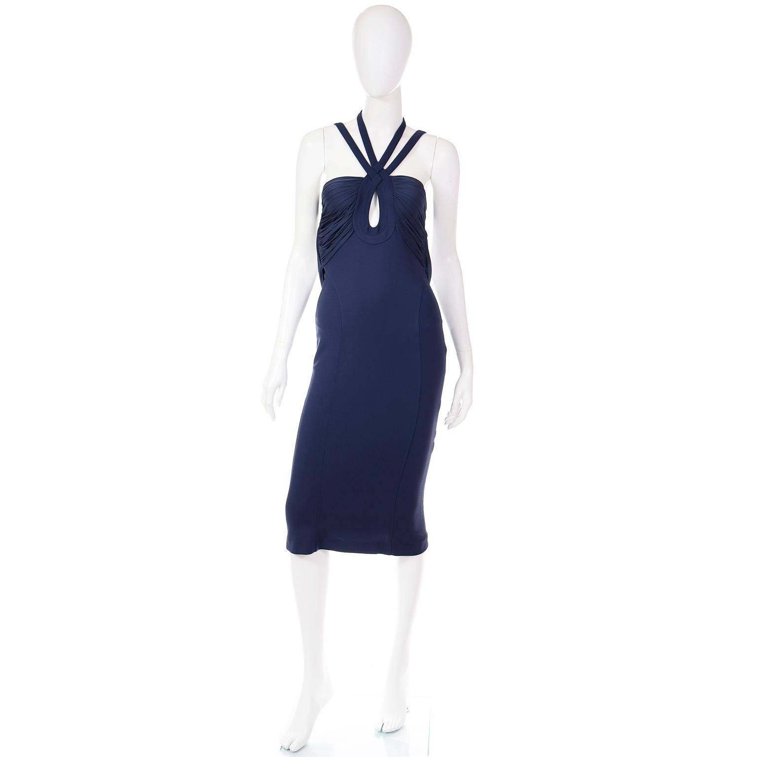 2006 Versace Blue Strappy Keyhole Runway Evening Dress With Cutouts  In Excellent Condition For Sale In Portland, OR
