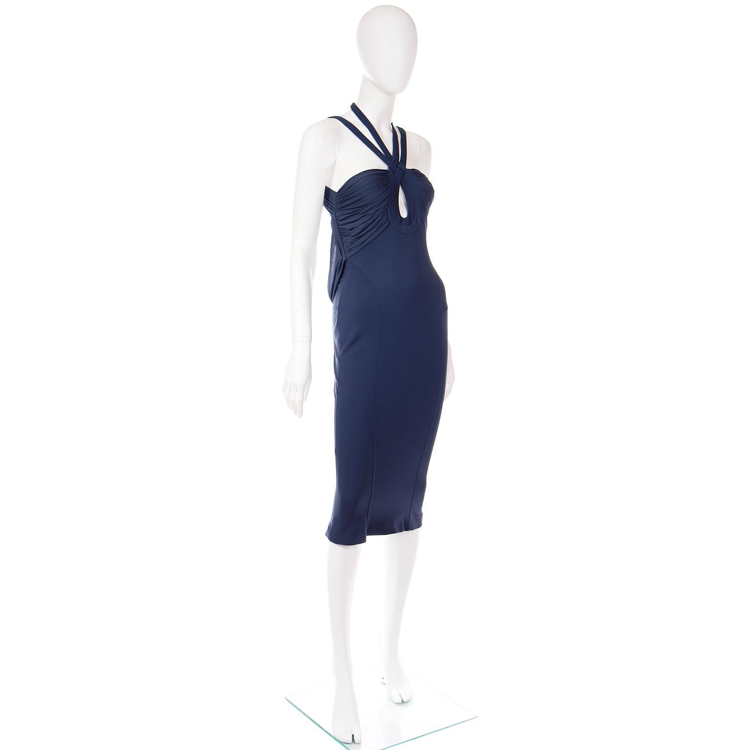 Women's 2006 Versace Blue Strappy Keyhole Runway Evening Dress With Cutouts  For Sale