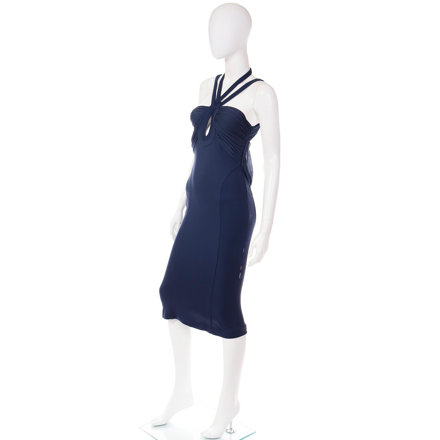 2006 Versace Blue Strappy Keyhole Runway Evening Dress With Cutouts  For Sale 2