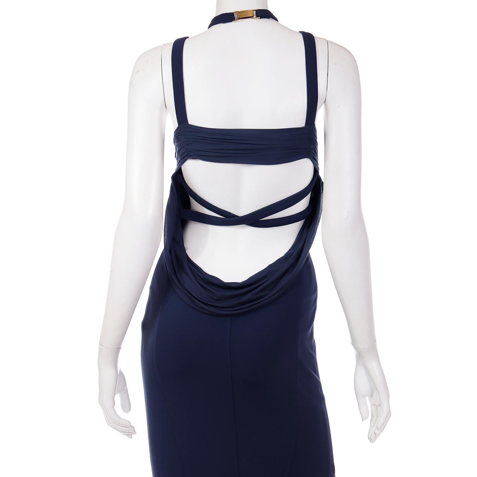 2006 Versace Blue Strappy Keyhole Runway Evening Dress With Cutouts  For Sale 3