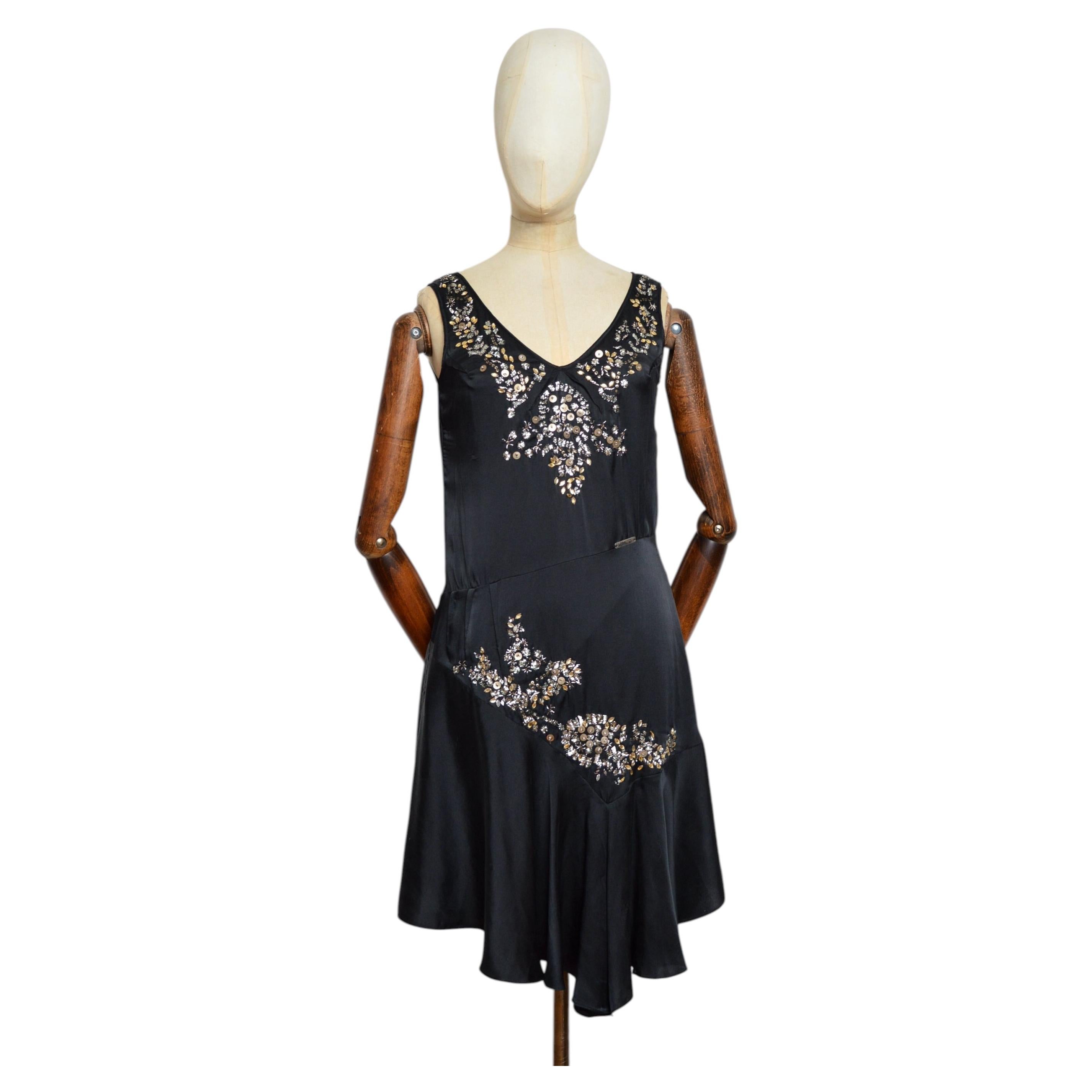 2006 Vintage John Galliano Black Silk Embellished Bias Cut Flapper Evening Dress