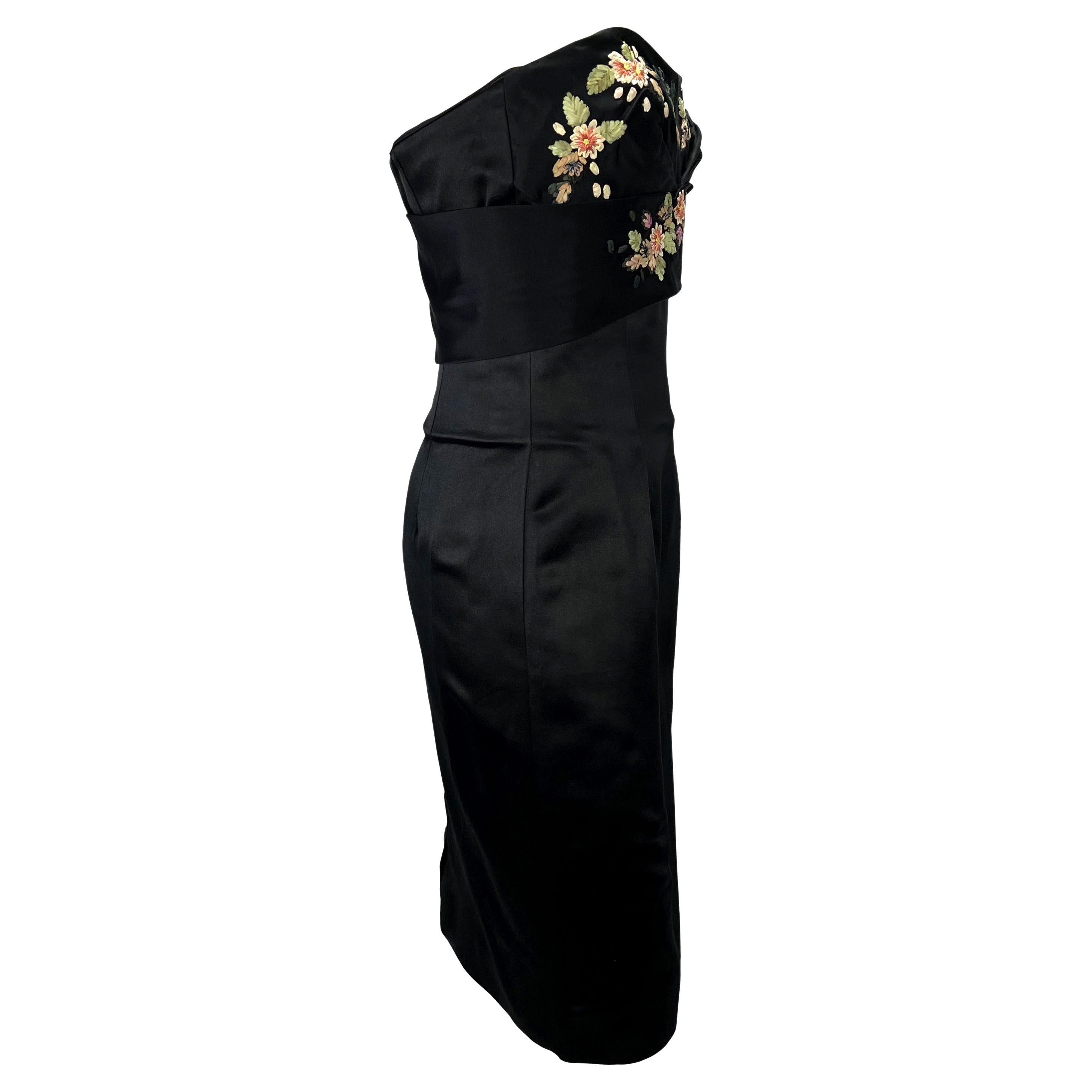 2007 Alexander McQueen Floral Ribbon Embroidery Black Satin Boned Bustier Dress  In Excellent Condition For Sale In West Hollywood, CA