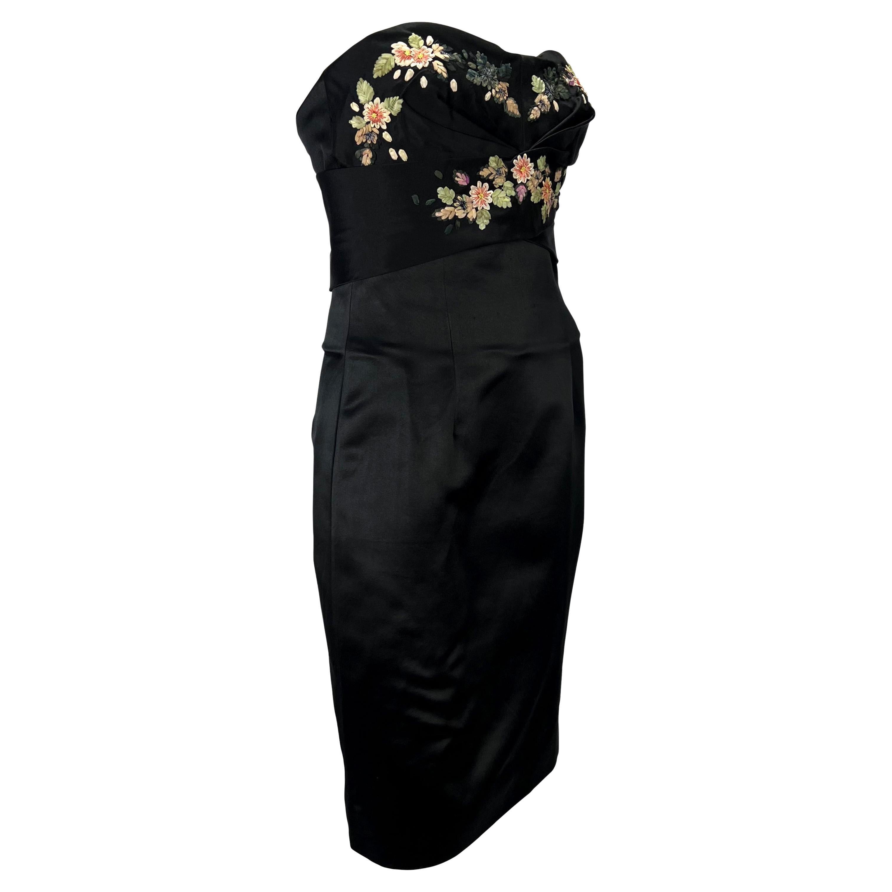 Women's 2007 Alexander McQueen Floral Ribbon Embroidery Black Satin Boned Bustier Dress  For Sale